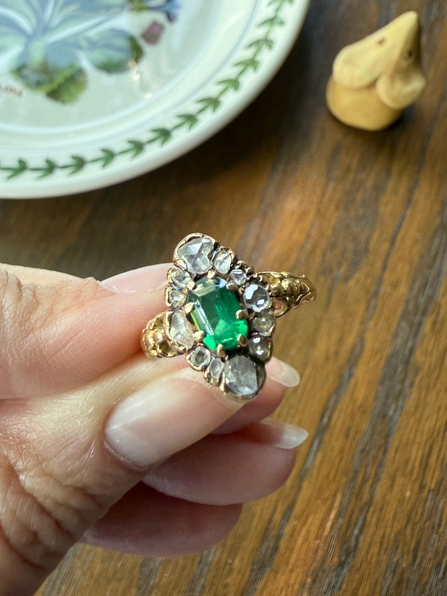 BOWS Green Spinel Rose Cut DIAMOND Cluster Halo French Antique Ring 18k Gold Victorian Art Nouveau Belle Epoque