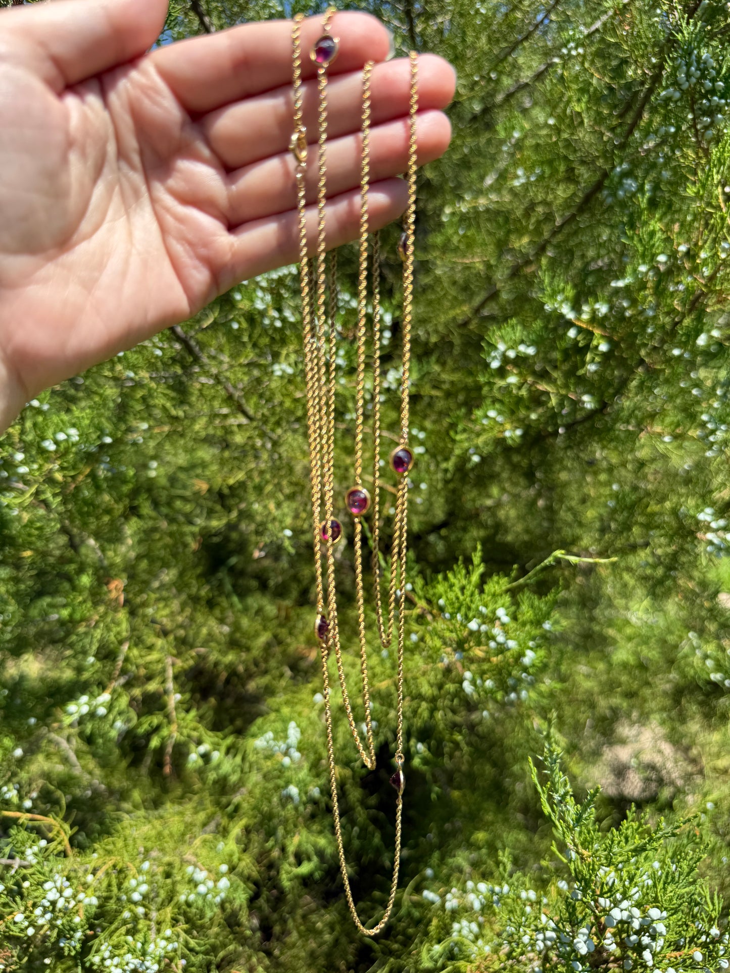 Victorian X Long Antique GARNET Station Chain Guard 67 Inch (!) 5.5 FEET 22g 14k GOLD Necklace Berry Pink Purple Neckmess Body Chain Gift
