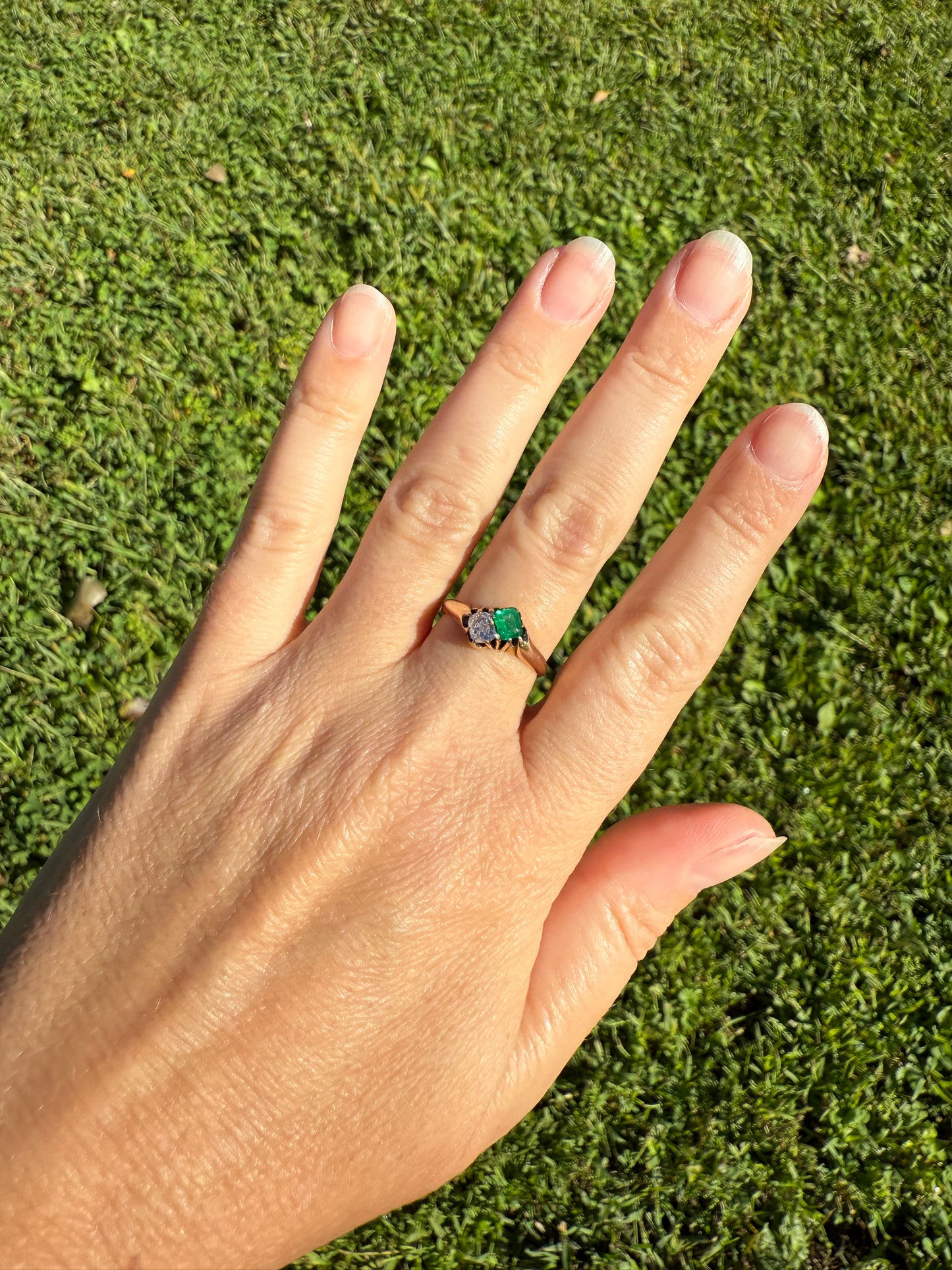 EMERALD Old Mine Cut DIAMOND Antique Toi et Moi Ring 14k Gold Angled Cushion Cut Green Stacker Chunky OMC