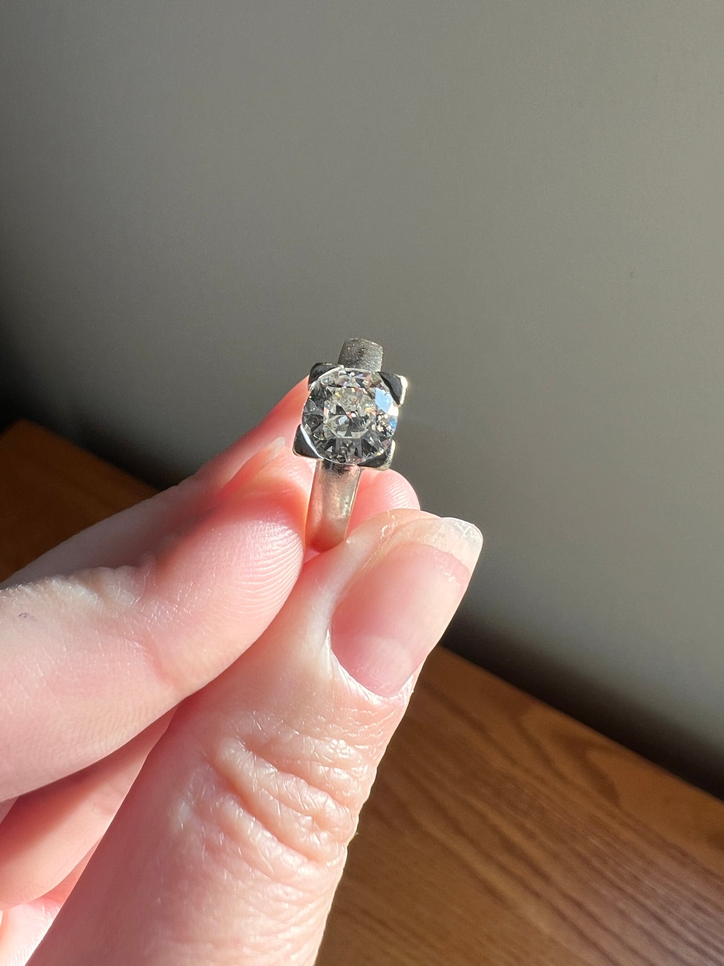 Chunky Antique 1.1 CARAT Eye CLEAN Old European Cut DIAMOND Square Setting Solitaire Engagement Ring 18k White Gold