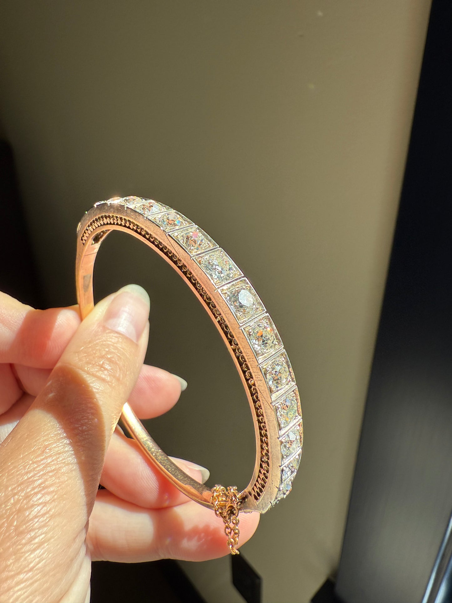 Antique 6.5 CARAT Old Mine Cut DIAMOND Hinged Bangle Line Bracelet 18k Gold Silver Top
