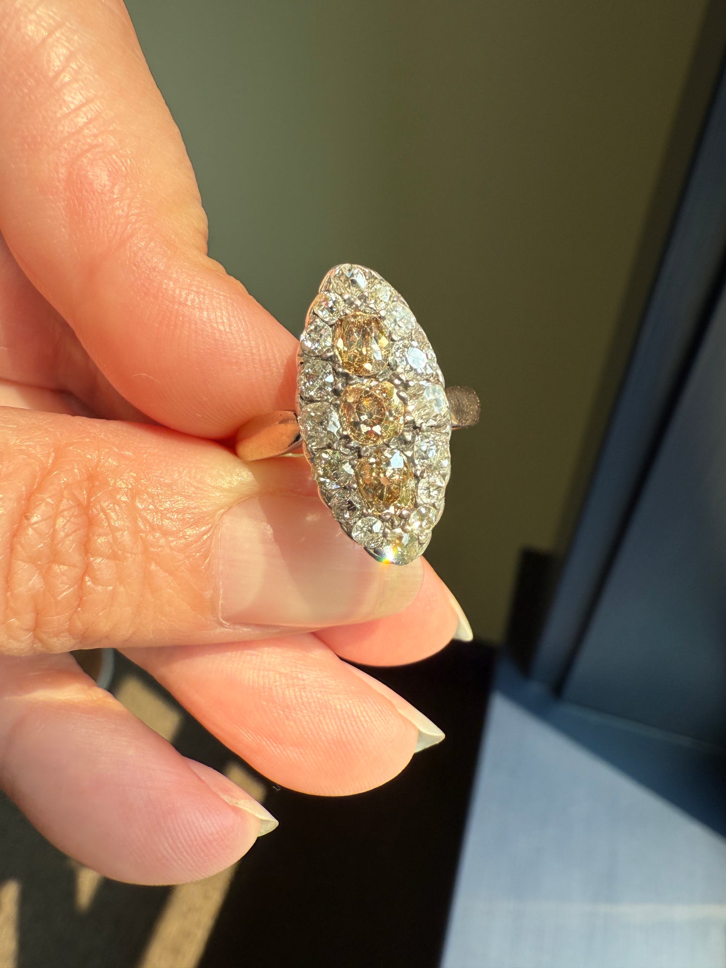 Uncommon 2.25 Carat Fancy Brown & White Halo Old Mine Cut Diamond Navette Ring Oval Victorian Antique 18k Gold Silver