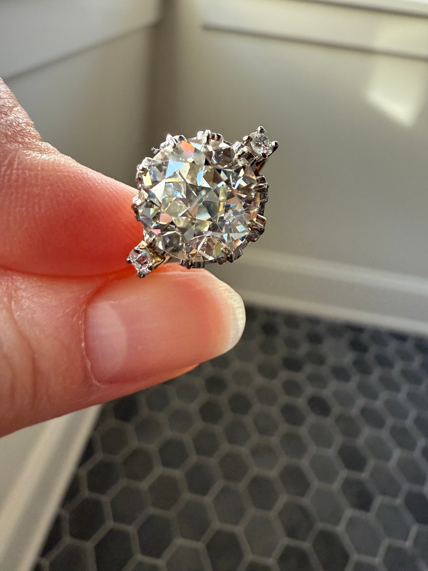 Special French Original Antique 4.07 CARAT Natural Old European Cut DIAMOND Eye Clean Solitaire Engagement Ring 18k Rosy Gold Platinum