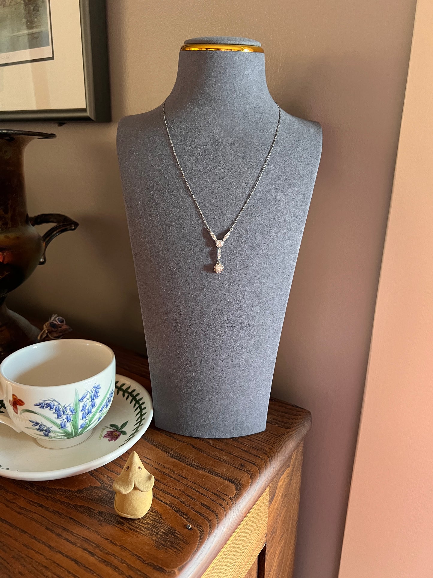 Art Deco 1.2 Carat Old Mine Cut DIAMOND French Antique 18k White Gold & Platinum Y Pendant on Chain Necklace