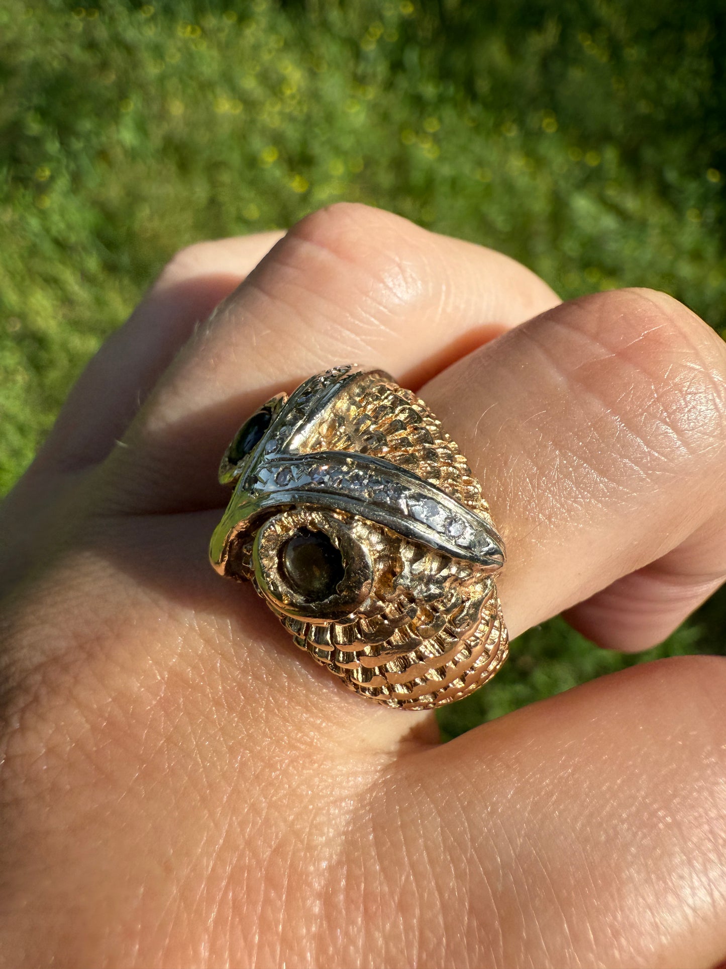 OWL Vintage Figural HEAVY 12.7g 14k Gold Ring Cat's Eye Gray Chrysoberyl Eyes Two Tone Diamond Accents Domed Chunky Unisex Statement Wisdom