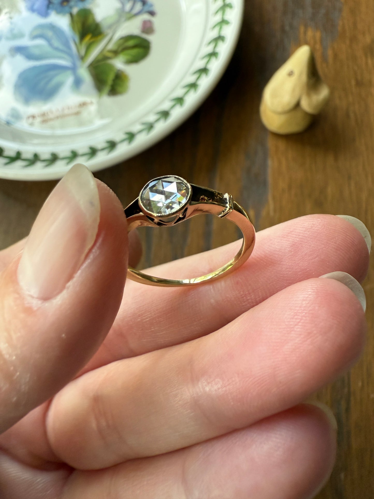 Antique 6.2mm Rose Cut DIAMOND Solitaire 14k Gold Ring Bezel Set Stacker Open Work Shoulders 1 Carat Face Up