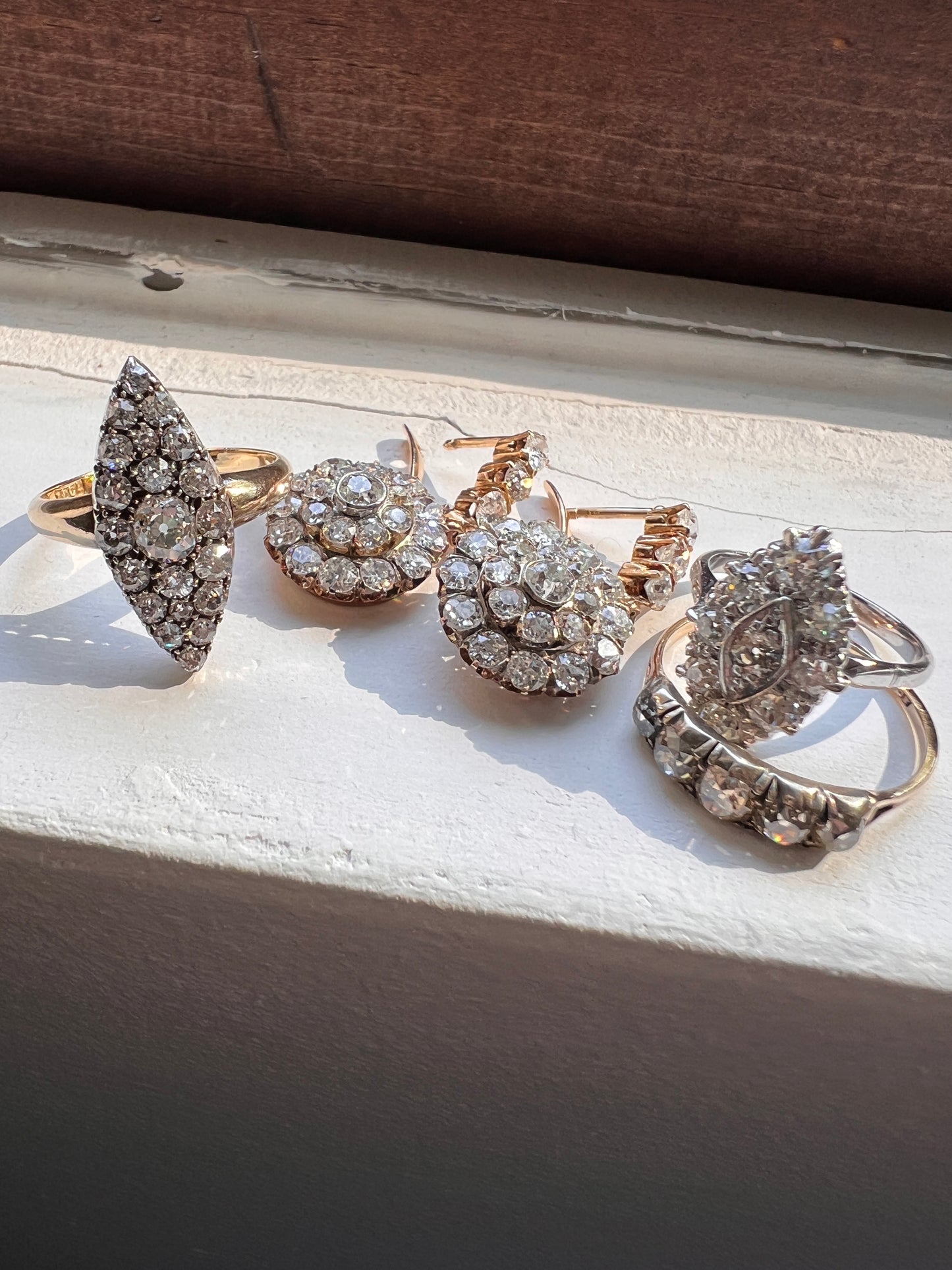 XL Antique 4 1/3 Carat Old Mine DIAMOND Cluster Dangle Earrings 18k Gold ViCTORIAN Bullseye Halo Drops