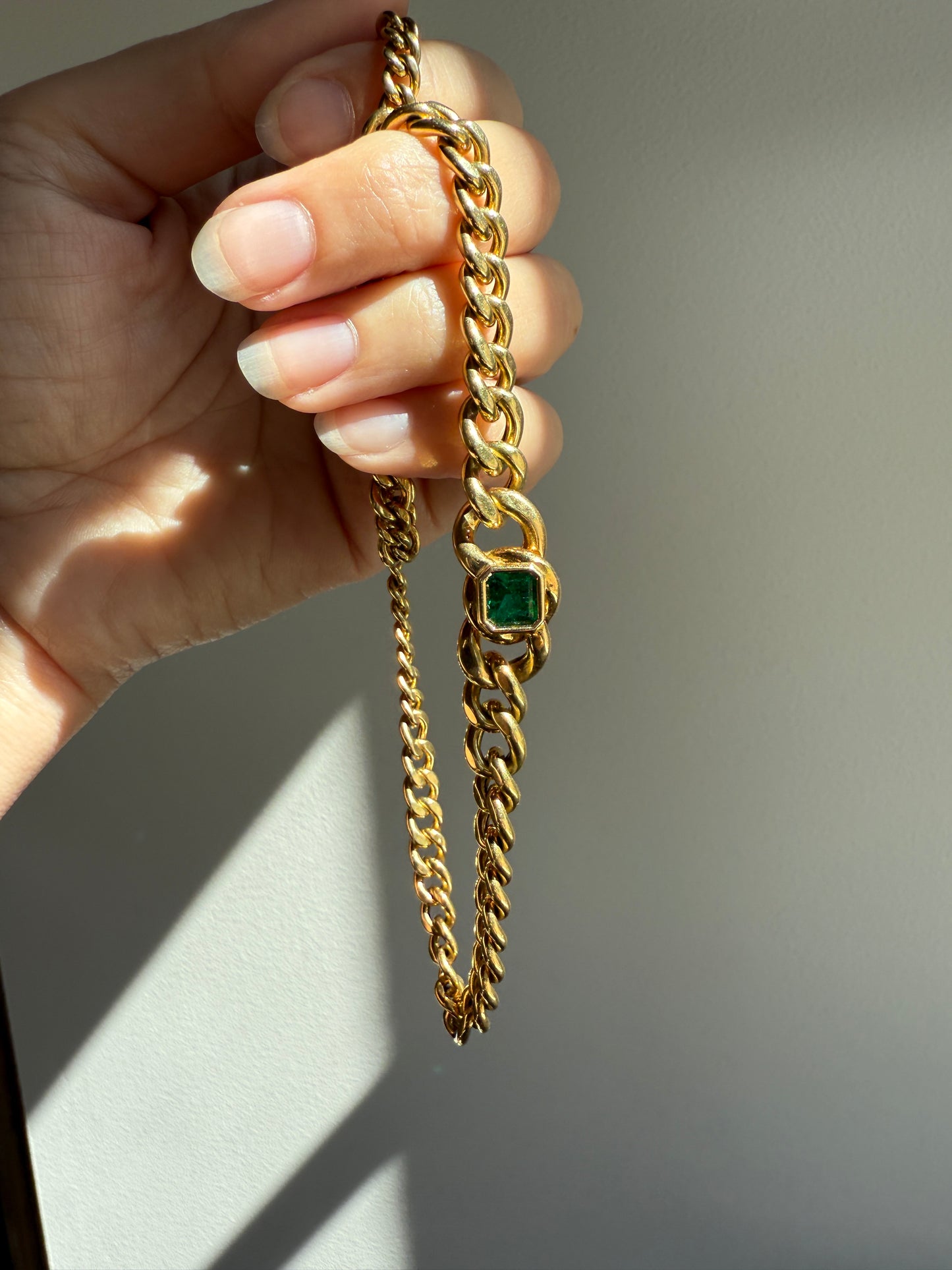 Vintage 26g 18k Gold Natural EMERALD French Curb Chain DATED Cert & ORIGINAL Gouache Drawing Design Heavy Unisex Chunky Green