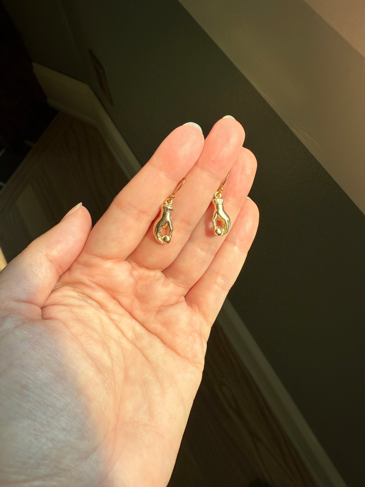 Antique Figural HAND Holding Ball Jester? Cuff Dangle Earrings 10k Gold Cased & GF Unique