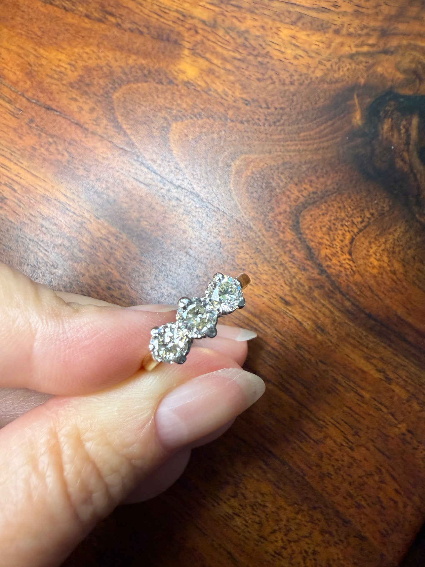 Antique One Carat Transitional Cut DIAMOND Three Stone Ring Prong Set Stacker Trilogy 18k Gold Platinum