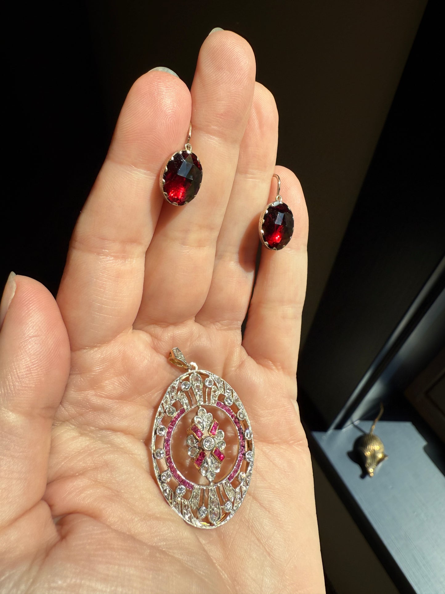 XL French Edwardian Ruby 1.75 Carat Old Mine Rose Cut DIAMOND 18k Gold Oval Pendant Open Work Medallion Pink Carre Cut Halo