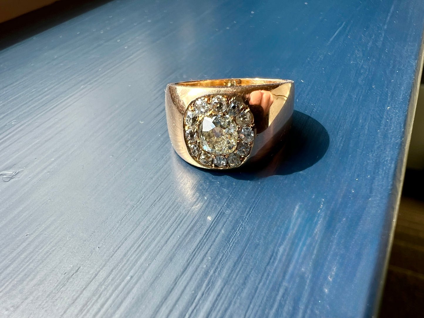ANTIQUE 1 1/4 Carat Eye Clean Old Mine Cut DIAMONDS Chunky 18k Gold 12mm Wide Cigar Band Cluster Halo Ring French Cobblestone