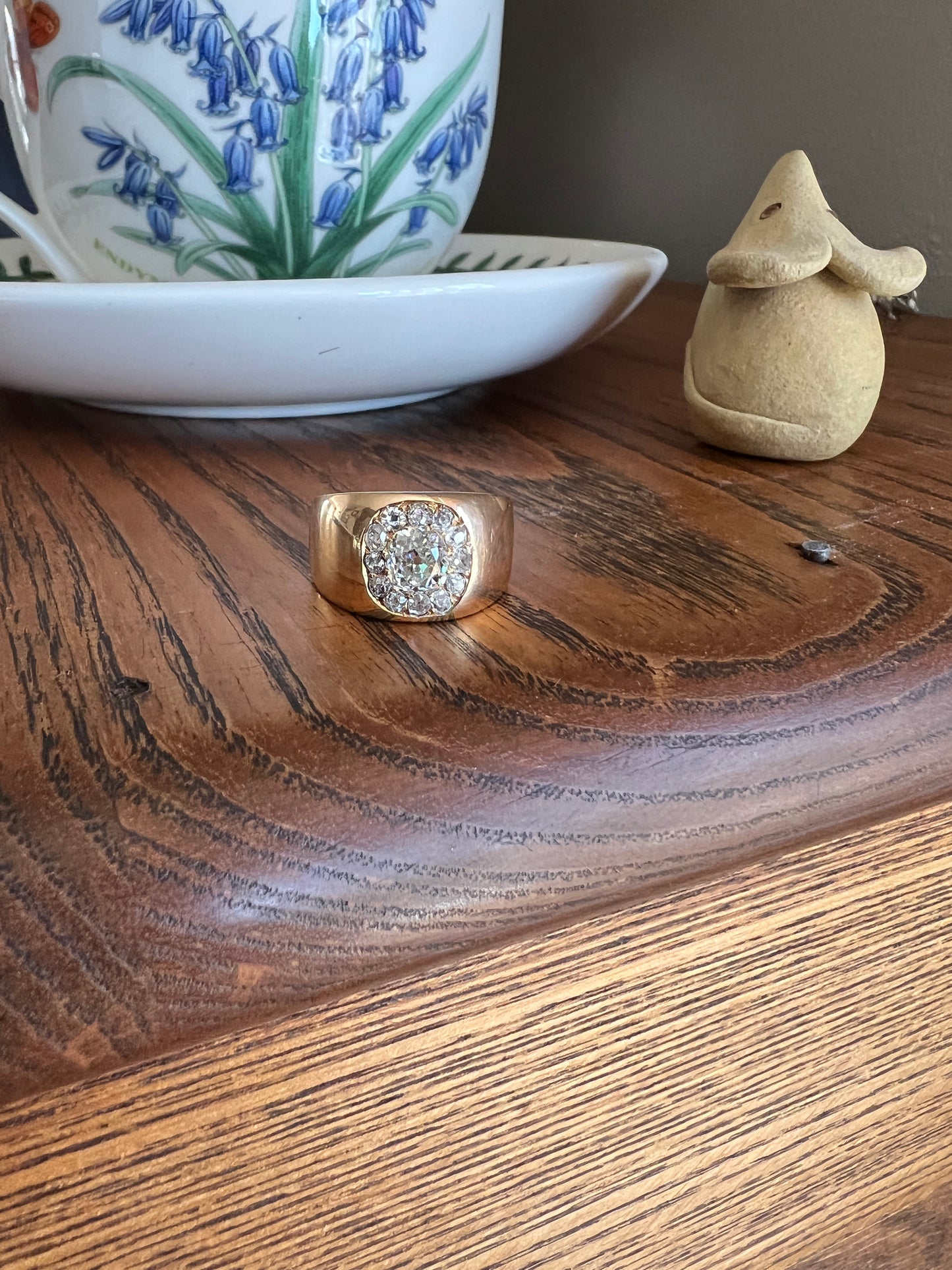 ANTIQUE 1 1/4 Carat Eye Clean Old Mine Cut DIAMONDS Chunky 18k Gold 12mm Wide Cigar Band Cluster Halo Ring French Cobblestone
