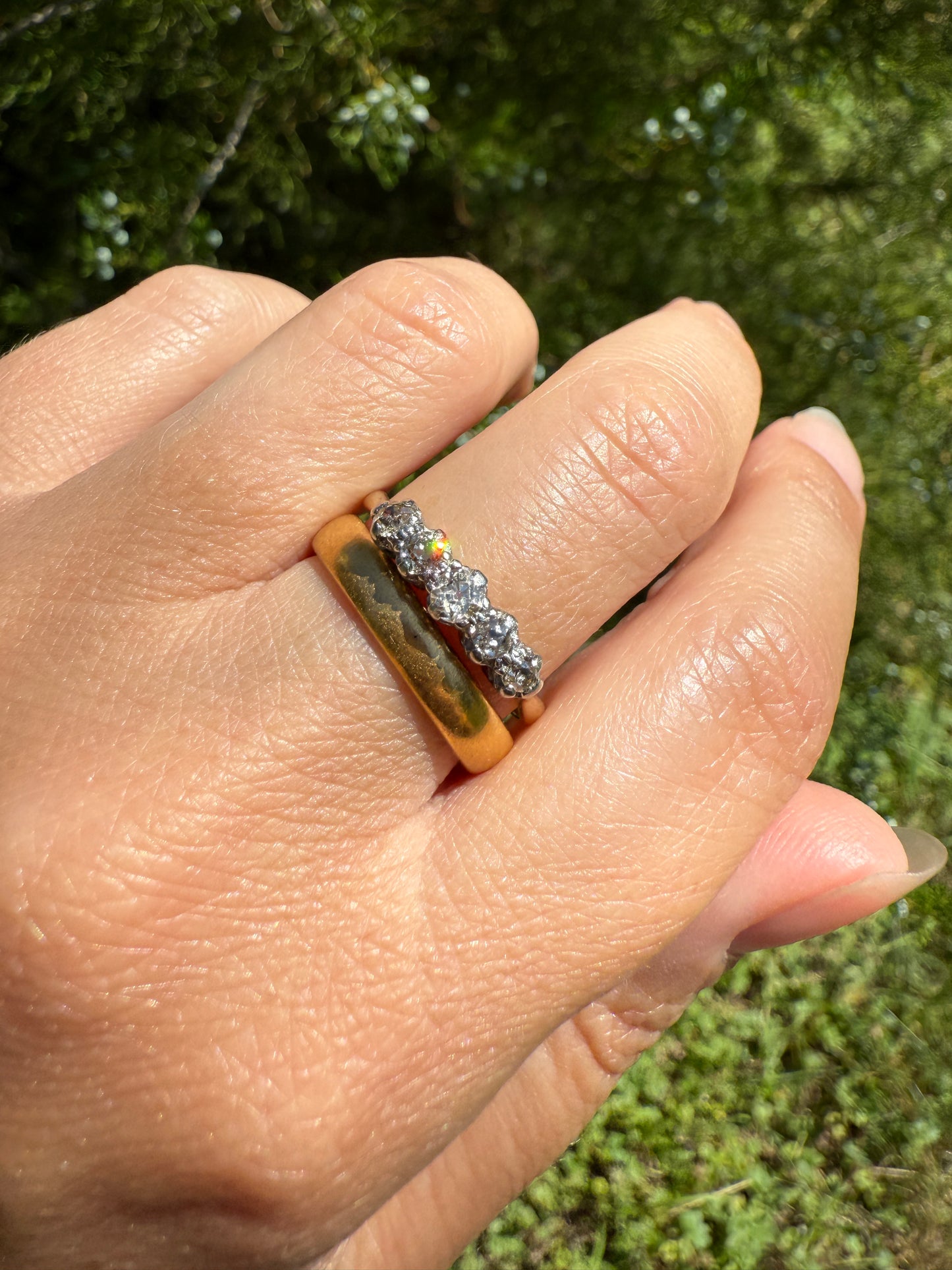 TALL Antique 0.6 Ctw Five Stone Old Mine Cut Diamond 18k Gold Platinum Band OMC Champagne