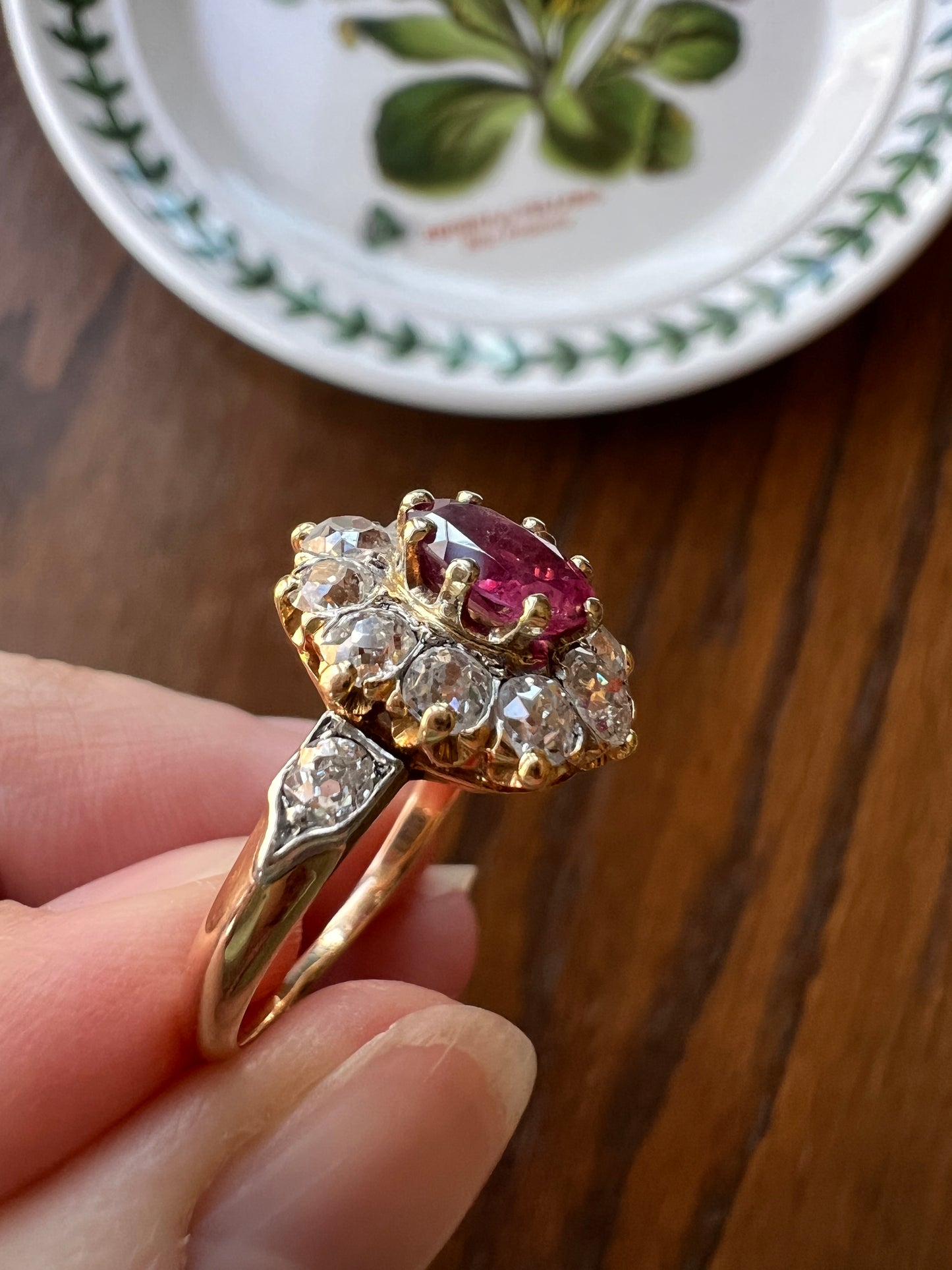 French Antique Natural RUBY 1 1/4 Carat Old Mine Cut DIAMOND Daisy Cluster Halo Ring 18k Gold