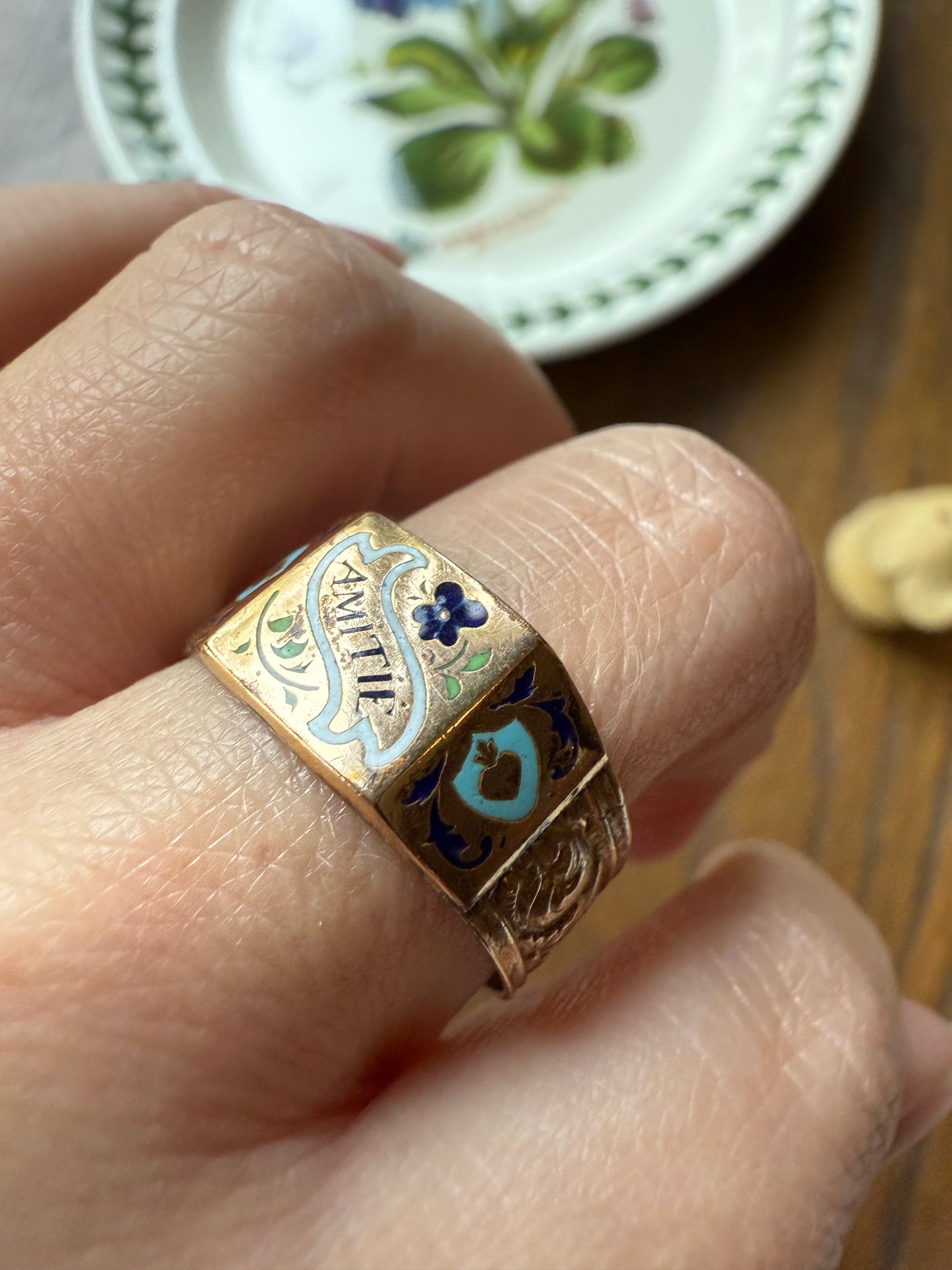 AMITIE French "Friendship" Gold Filled Wide Band Betrothal Ring Traditional Engagement Unique Stacker Enamel
