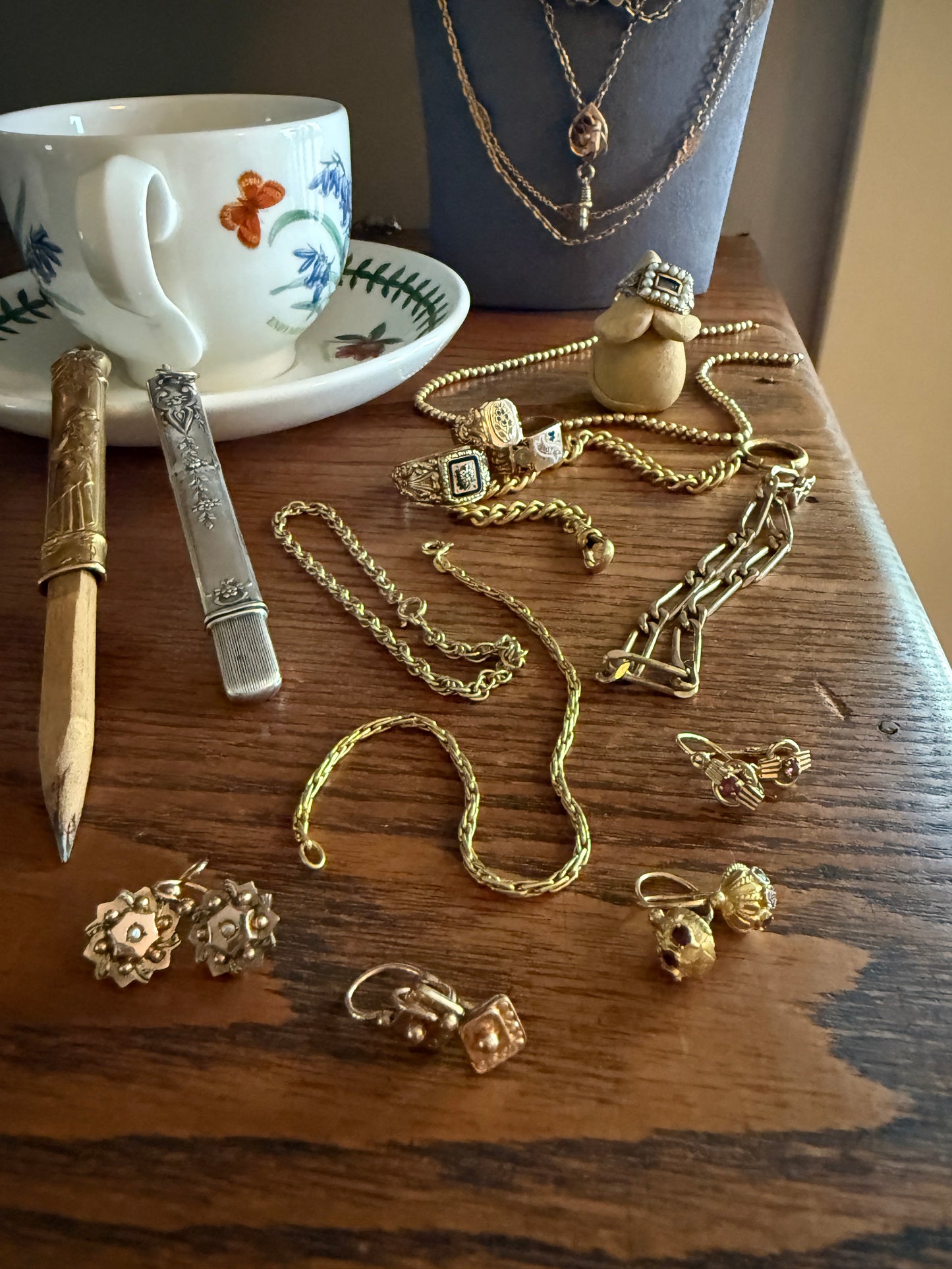 Two HEARTS Moon Star Slide Victorian Art Nouveau Warm Rosy Gold Fill Long Guard Muff Watch Chain Necklace Pearl & Opal