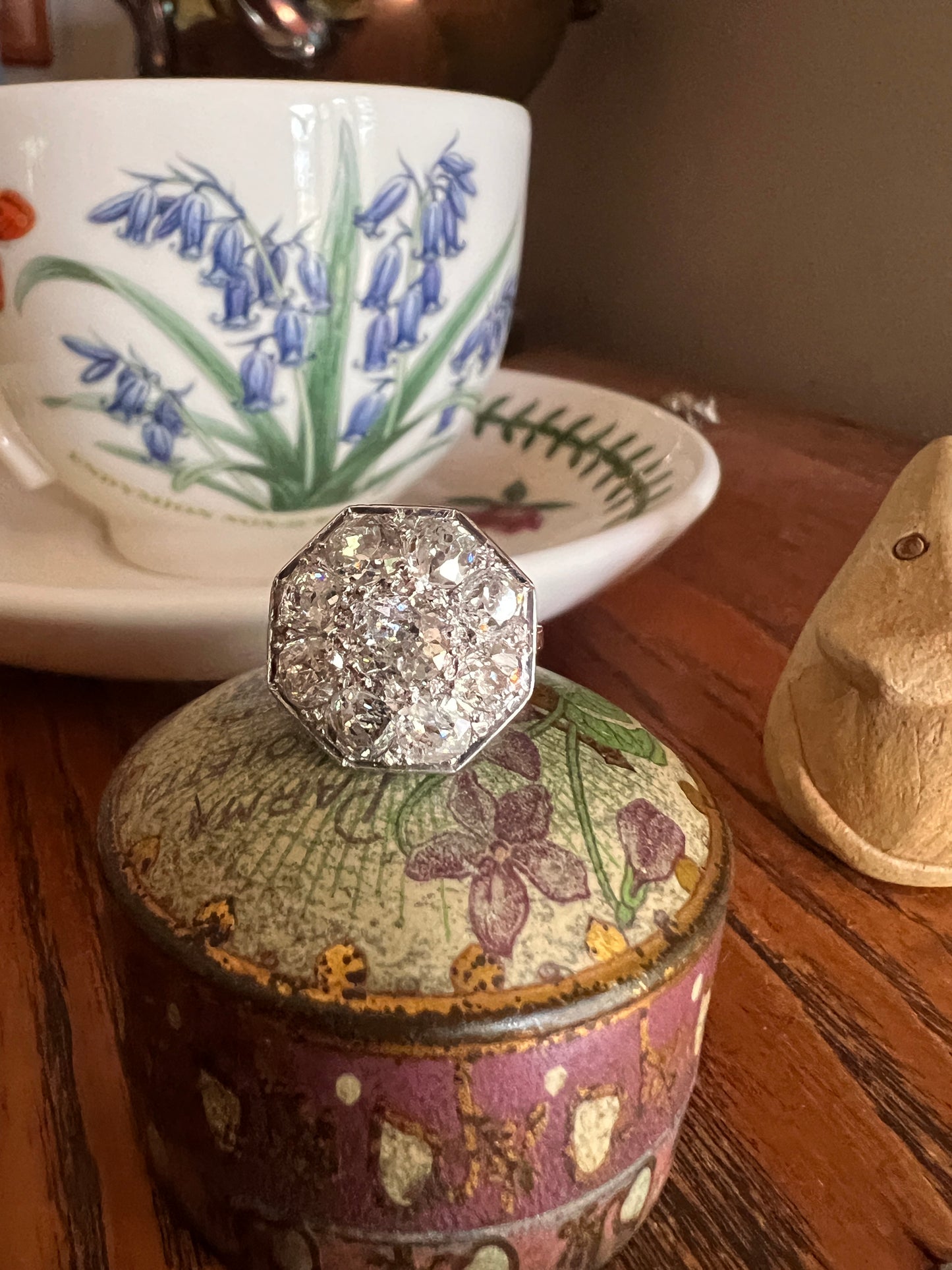 XL 2.7 Carat OCTAGON Shield French Antique PLATINUM Ring Old Mine Cut Diamonds Cluster