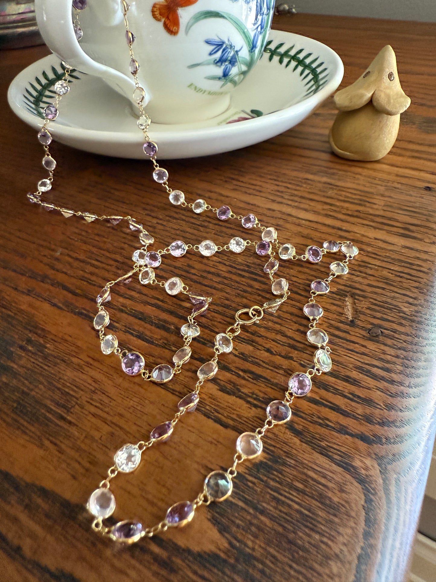 Vintage 25 CARATS Gemset Long Station Chain Guard 71 Rose Pink Quartz White Topaz Purple Amethyst 18k GOLD Necklace Harlequin
