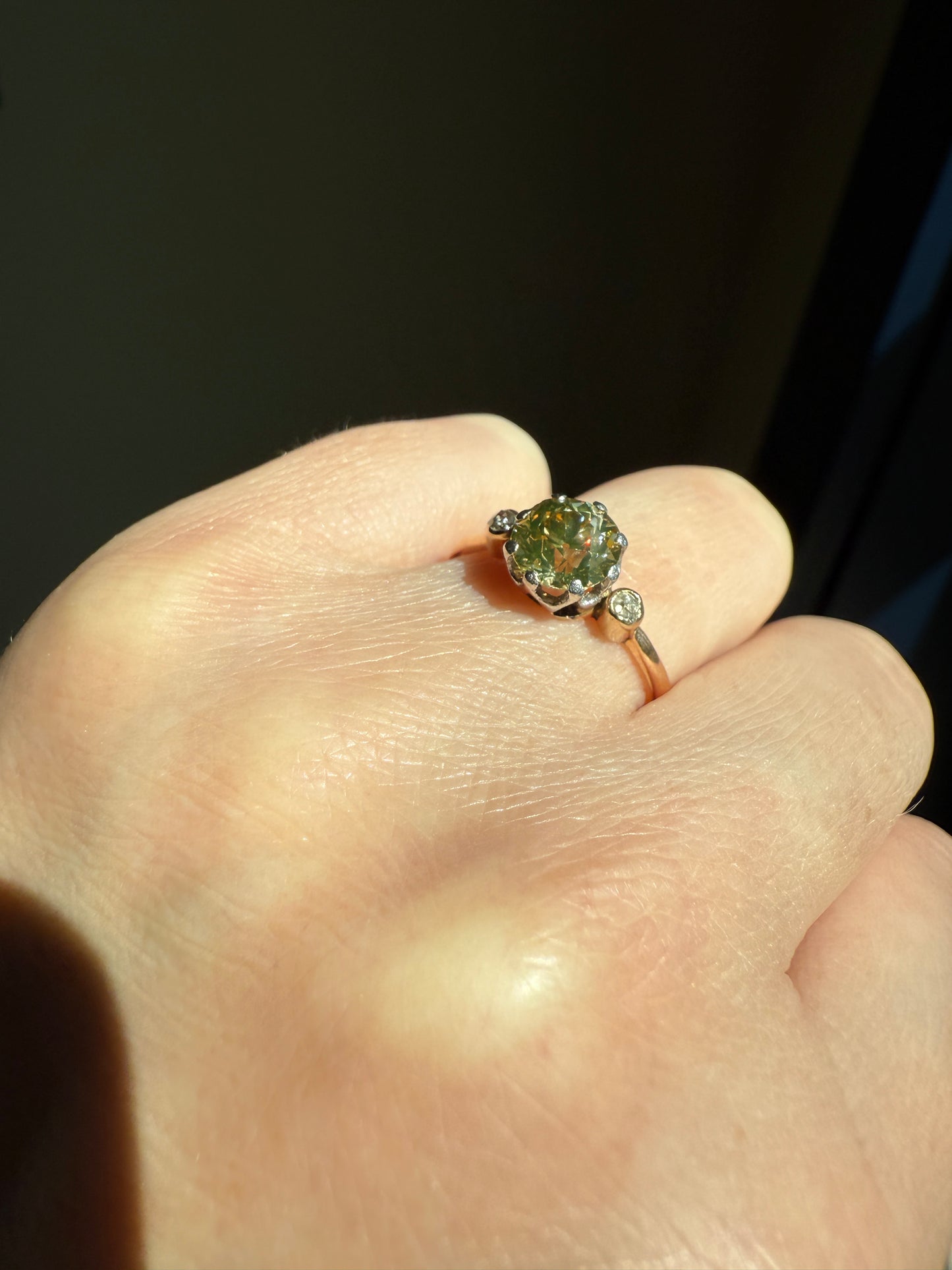 Antique Eye Clean Color Change 1.5 Carat Antique Fancy Champagne Green Yellow Old Mine Cut DIAMOND Solitaire Ring Three Stone 18k Gold