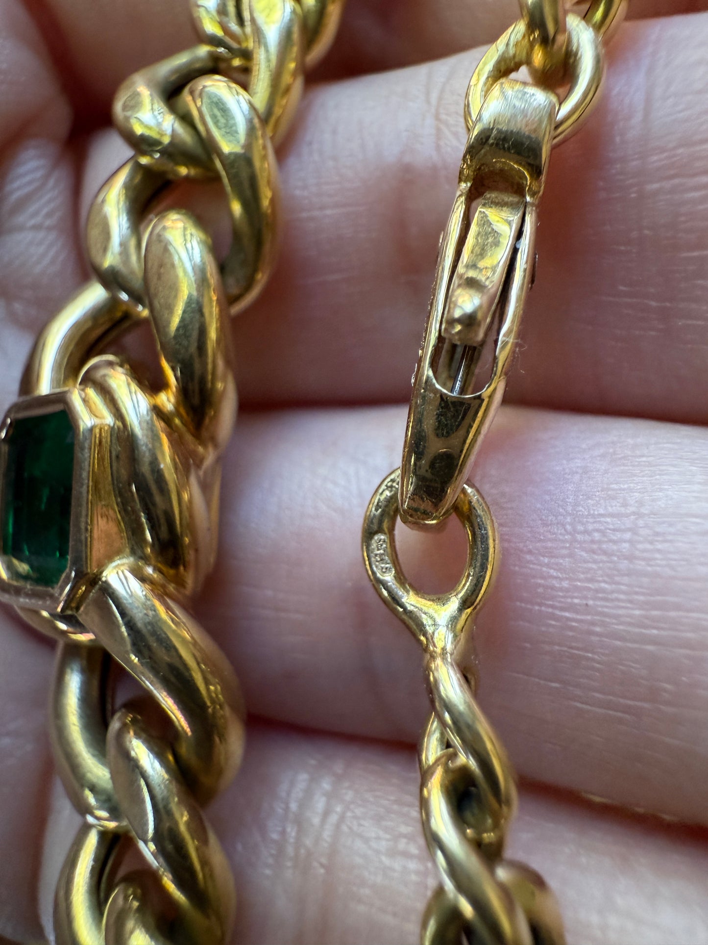 Vintage 26g 18k Gold Natural EMERALD French Curb Chain DATED Cert & ORIGINAL Gouache Drawing Design Heavy Unisex Chunky Green