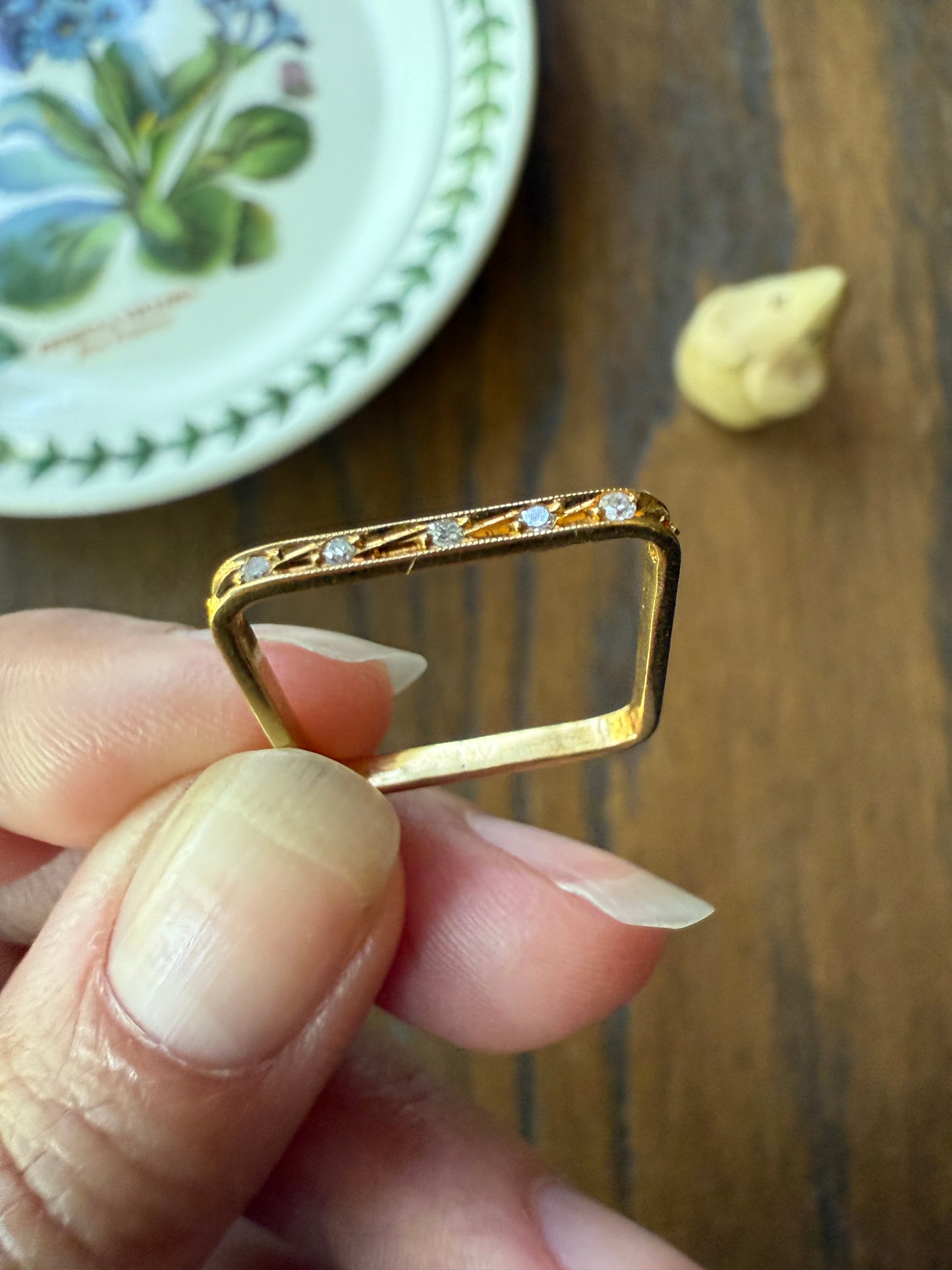 SQUARE Unique Vintage Skinny Band 18k Gold Solid Stacker Ring Geometric Single Cut Diamonds Seven Stone Skinniest Dainty Minimalist