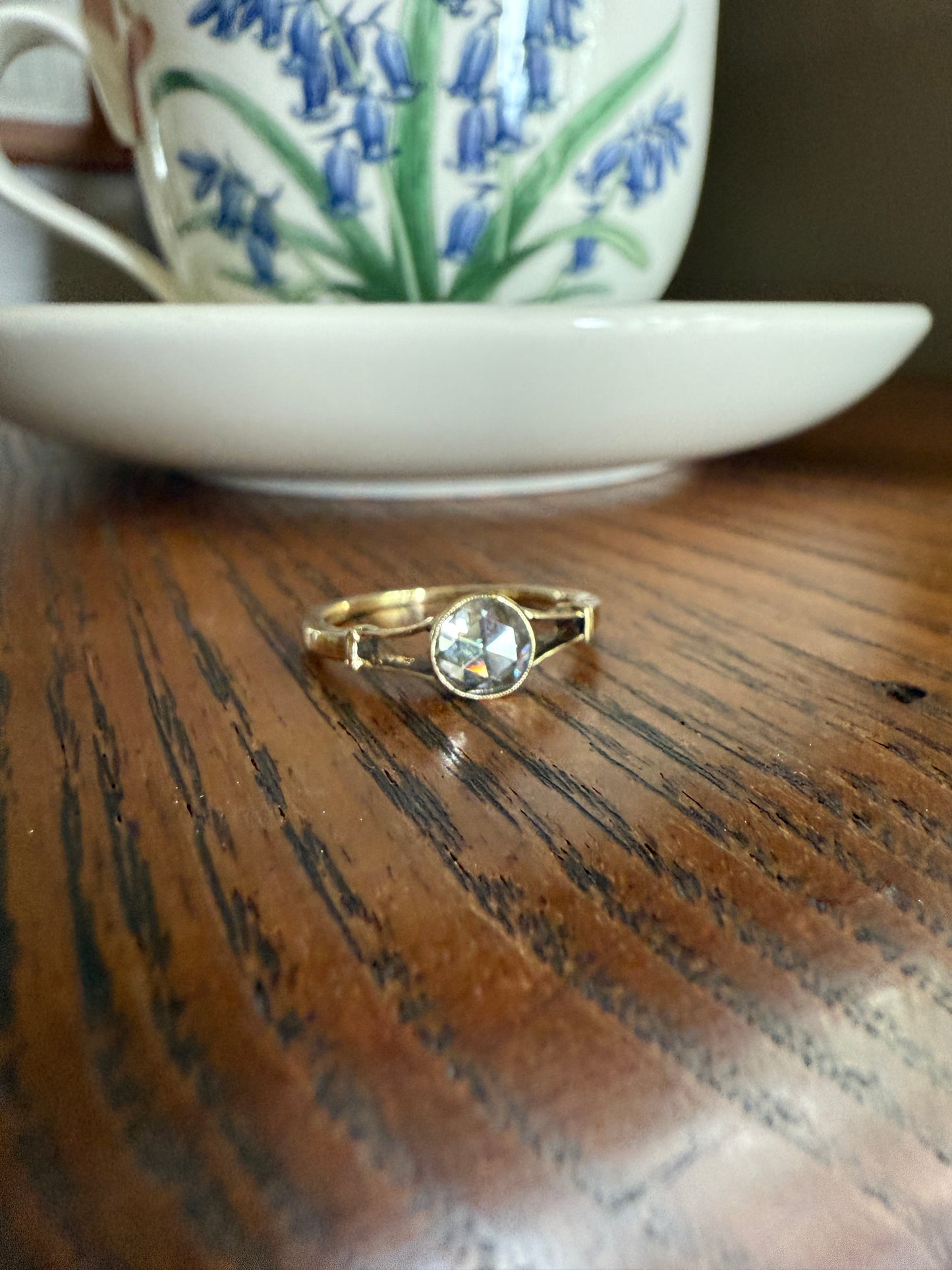 Antique 6.2mm Rose Cut DIAMOND Solitaire 14k Gold Ring Bezel Set Stacker Open Work Shoulders 1 Carat Face Up
