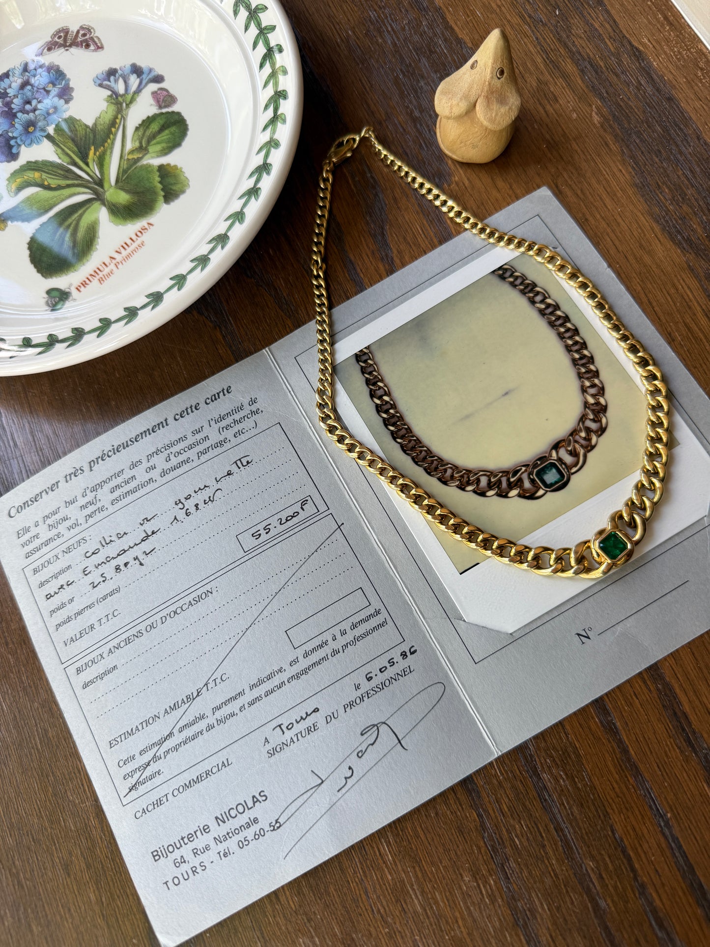 Vintage 26g 18k Gold Natural EMERALD French Curb Chain DATED Cert & ORIGINAL Gouache Drawing Design Heavy Unisex Chunky Green