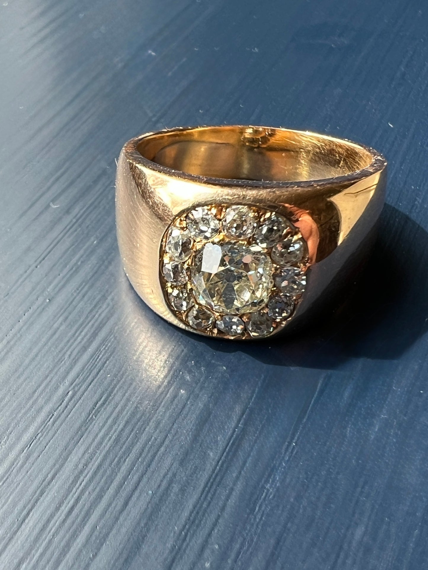 ANTIQUE 1 1/4 Carat Eye Clean Old Mine Cut DIAMONDS Chunky 18k Gold 12mm Wide Cigar Band Cluster Halo Ring French Cobblestone