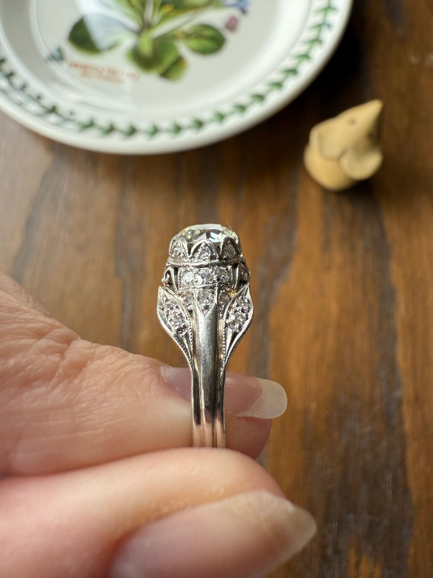 PLATINUM 1.7Ctw Art Deco Eye CLEAN Old European Cut Diamond Solitaire Engagement Ring w/ Wedding Set Wrap Encrusted Leaf Prong Antique c1928