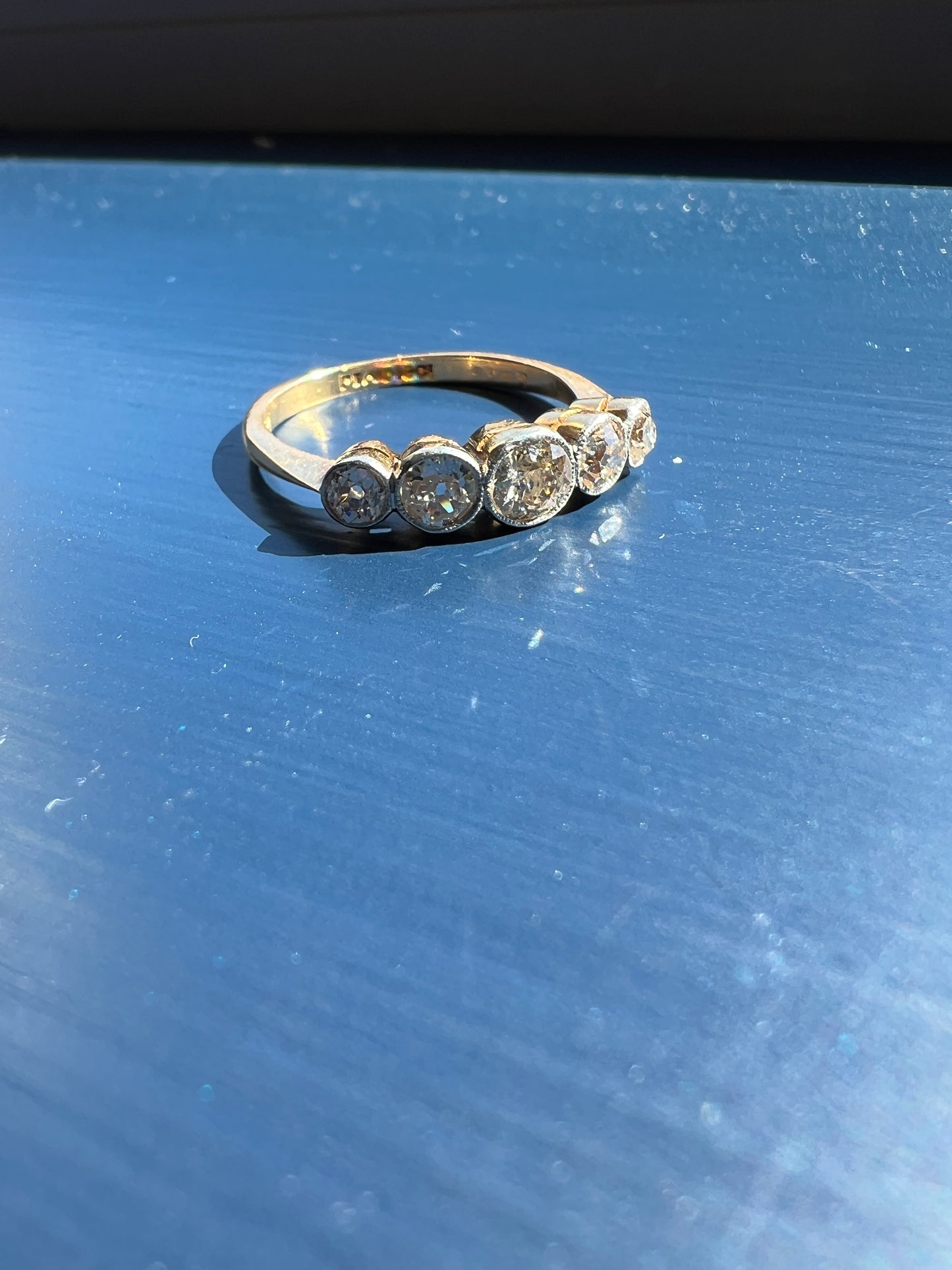 Antique One Carat Champagne White Old Mine Cut DIAMOND 18k Gold Platinum Five Stone Ring Bezel Set Band