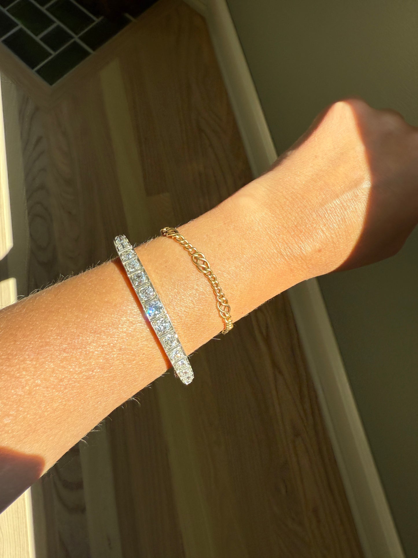 Antique 6.5 CARAT Old Mine Cut DIAMOND Hinged Bangle Line Bracelet 18k Gold Silver Top