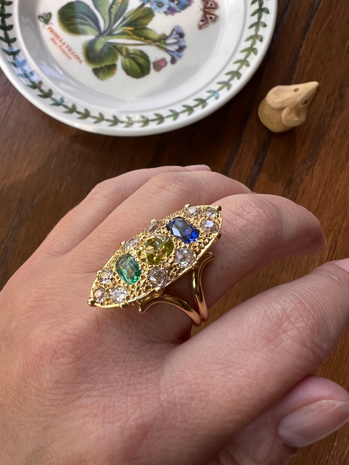 Unique French Vintage Navette Ring 1.25 Carat Antique Eye Clean Fancy Intense Greenish YELLOW Old Mine Cut DIAMOND 2.35 Tdw Emerald Sapphire