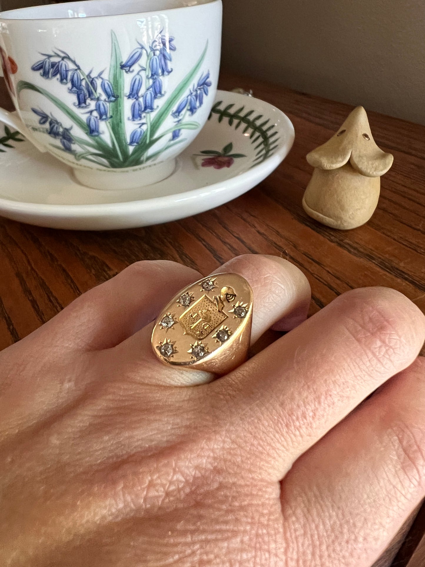 Old Mine Cut DIAMOND Starburst HEAVY French Antique Signet RING 13g 18k Gold Solid Helmet Coat of Arms Chunky