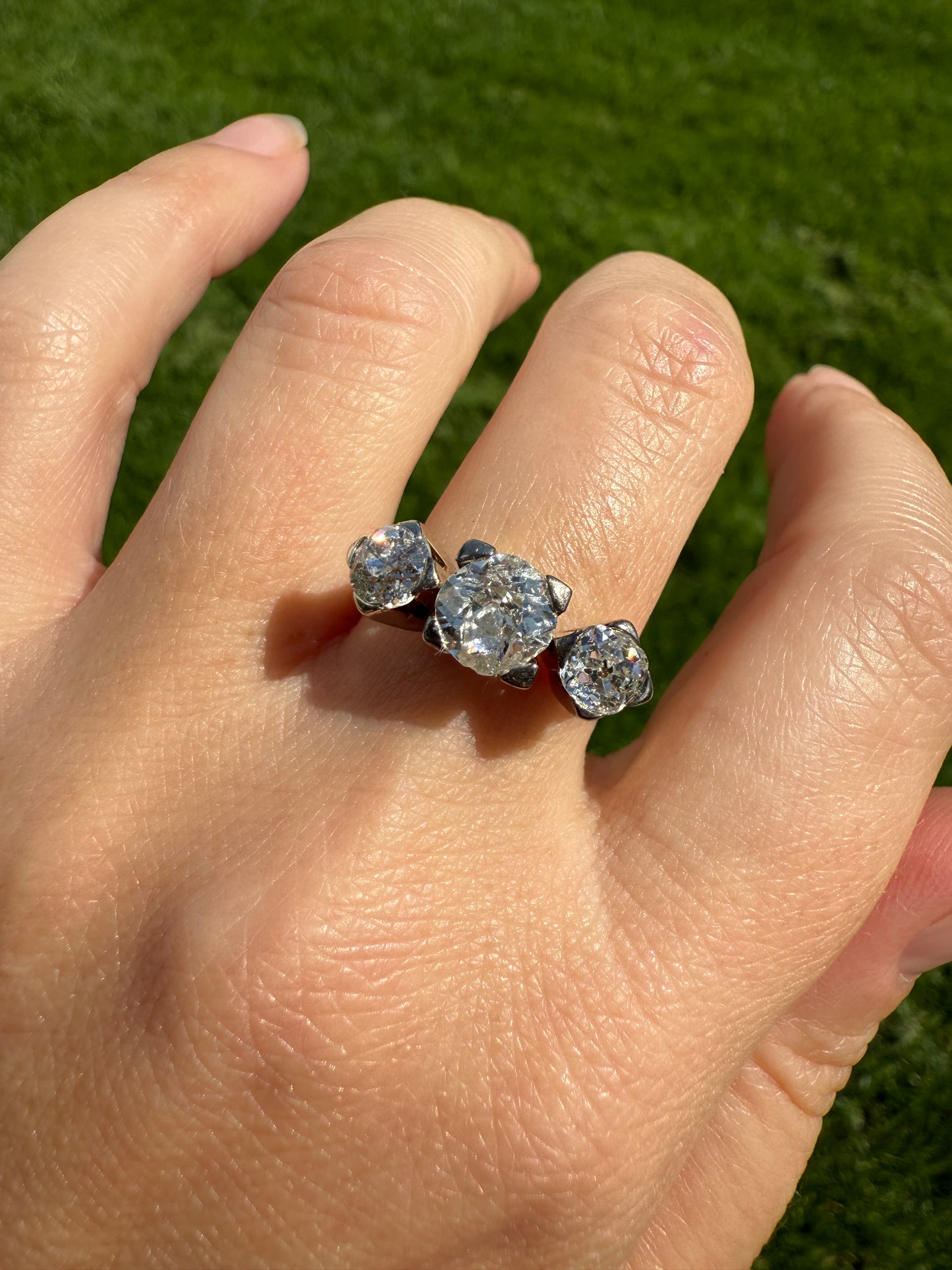TALL Antique 2 CARATS Three Stone Chunky Old Mine Cut Diamond Ring 18k White Gold Art Deco