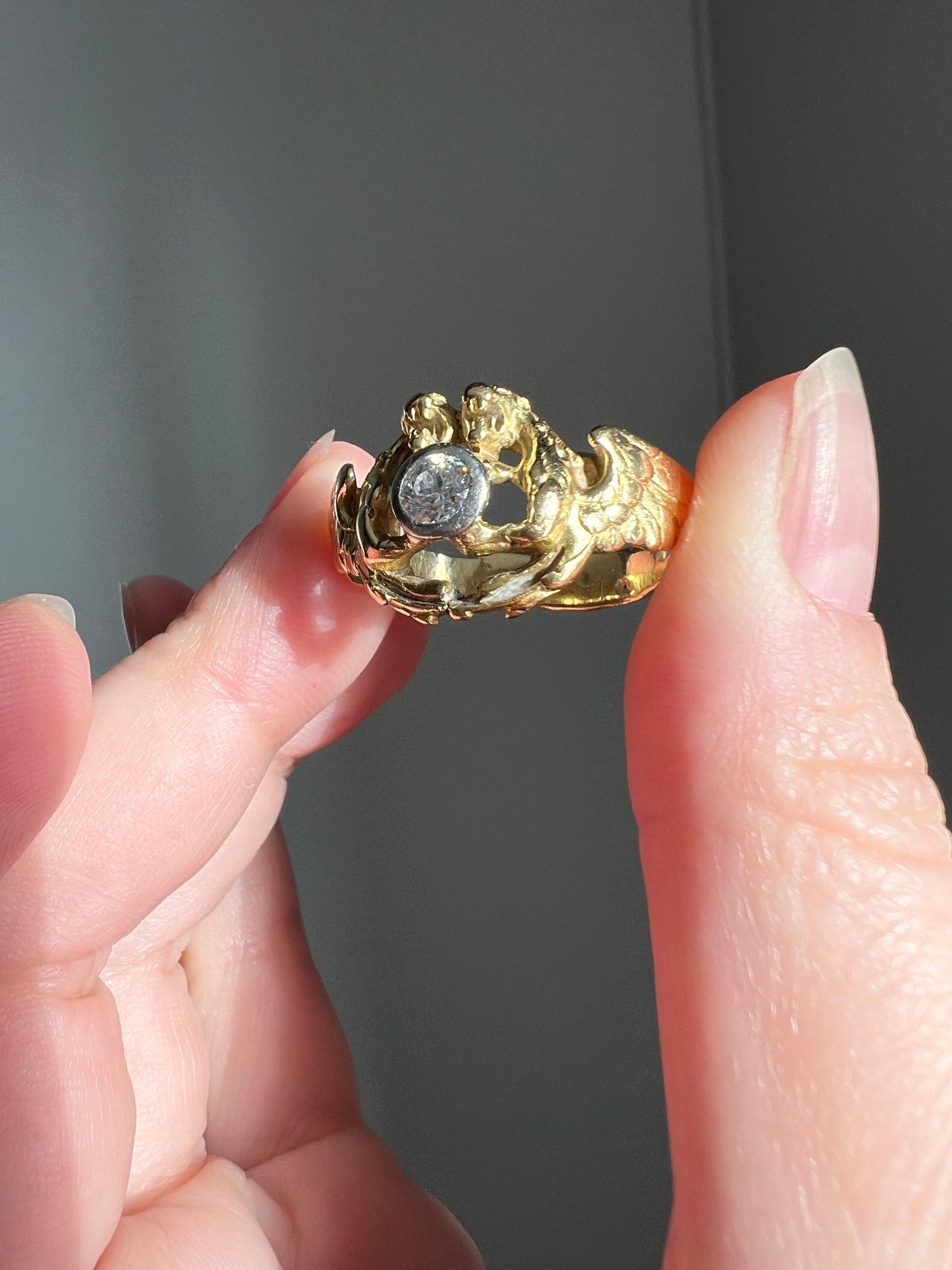 HEAVY Double DRAGON French Antique .3 Ctw Old European Cut DIAMOND RiNG 10g 18k Gold Gift Victorian Figural Unisex