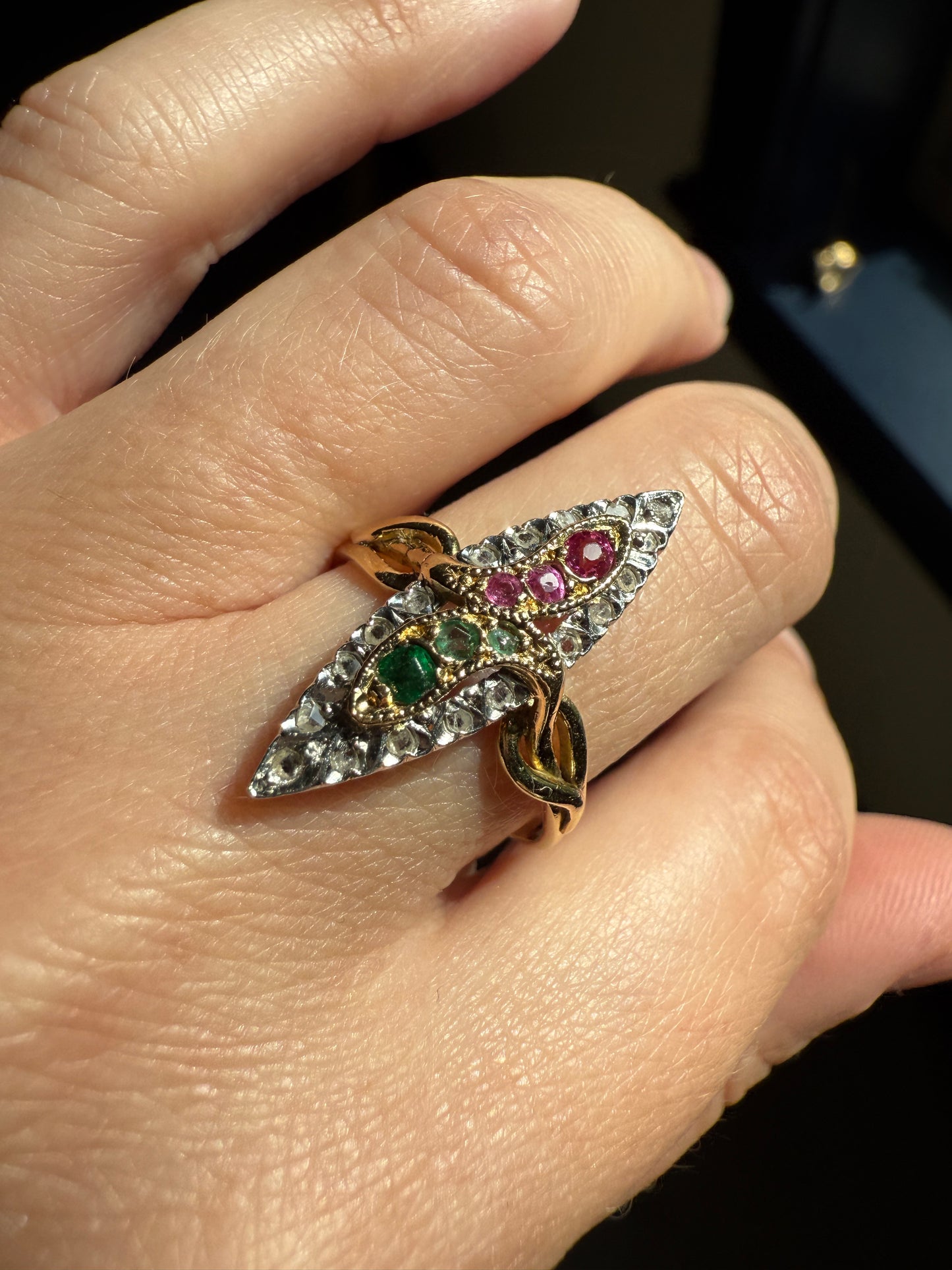 Double SNAKES Antique Ring Ruby Emerald Rose Cut DIAMOND Halo Navette Ring 18k Gold Platinum Red Green Sparkle Victorian