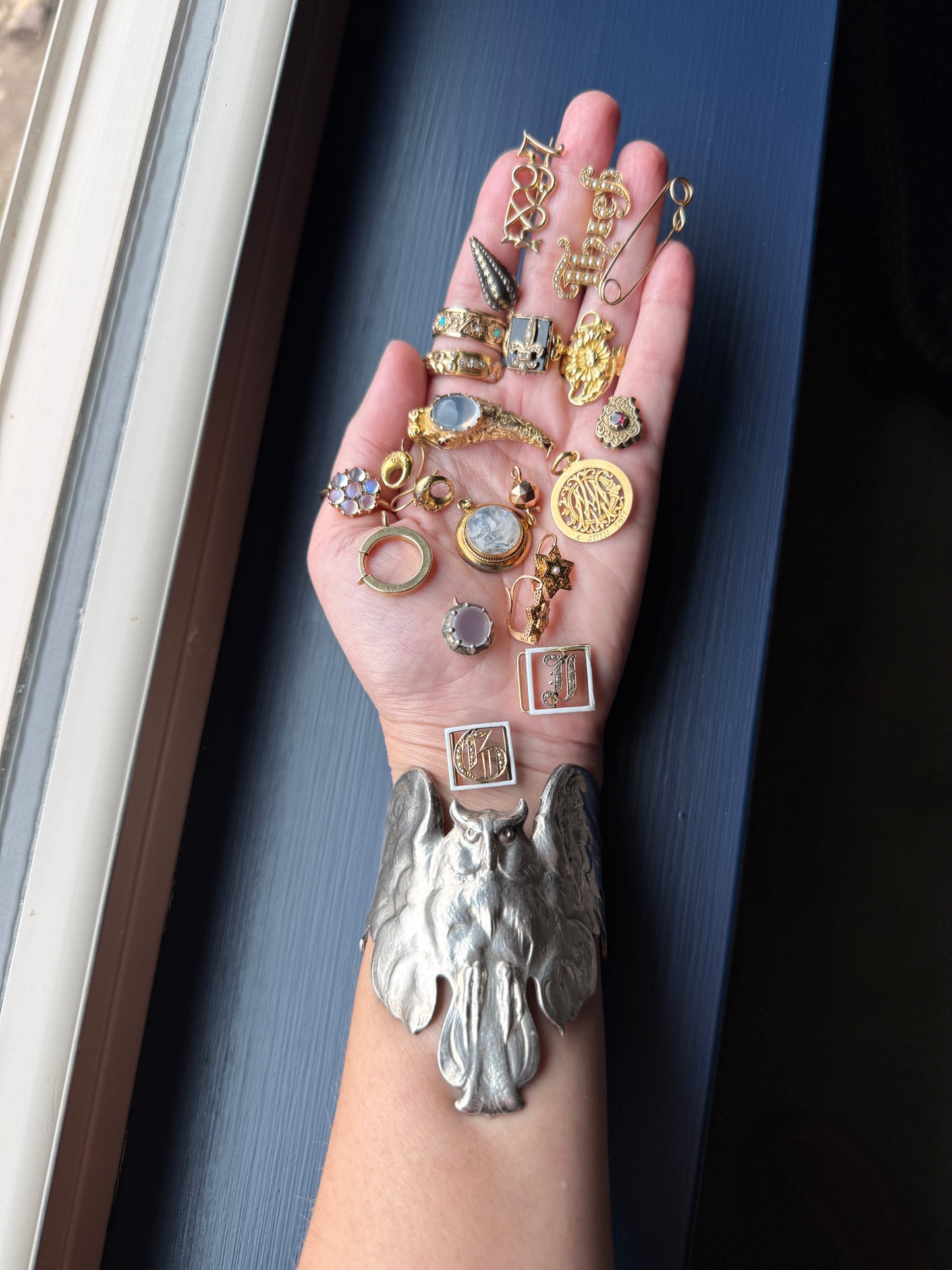 OWL French Antique Silver Plate Figural Cuff Bracelet LARGE Art Nouveau Unique Bangle Lifelike Sculpted Design Statement Piece Wisdom Wise