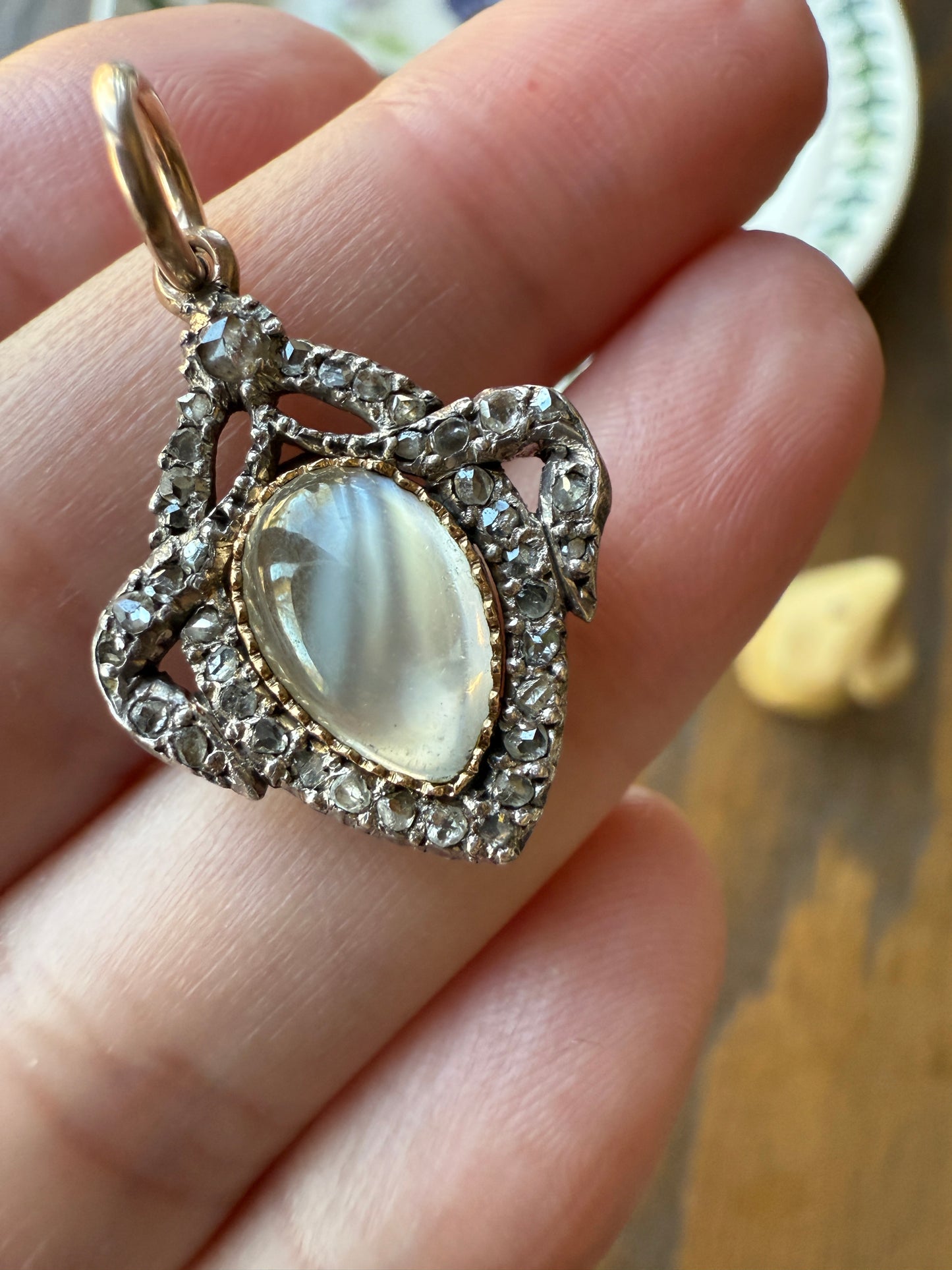 GEORGIAN Antique Bowed HEART Garland Halo Locket Back Pendant 10k Gold Silver Moonstone Rose Cut DIAMOND Magnifier Gift Figural