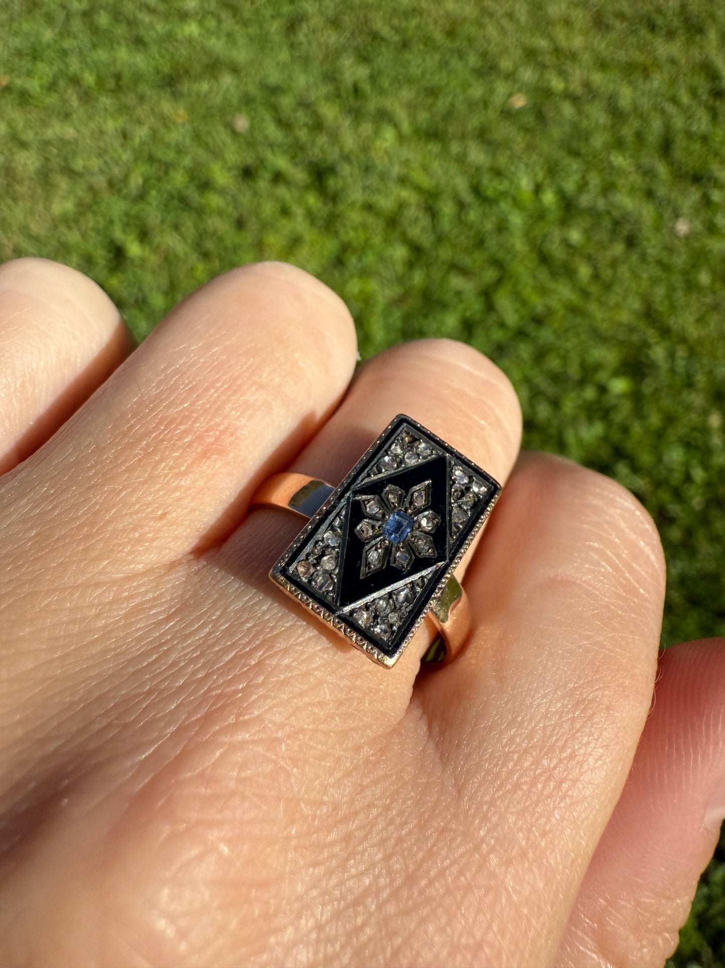 Antique Blue SAPPHIRE Rose Cut DIAMOND Black Enamel 14k Rosy Gold Plaque Ring Floral Geometric Rectangular Panel