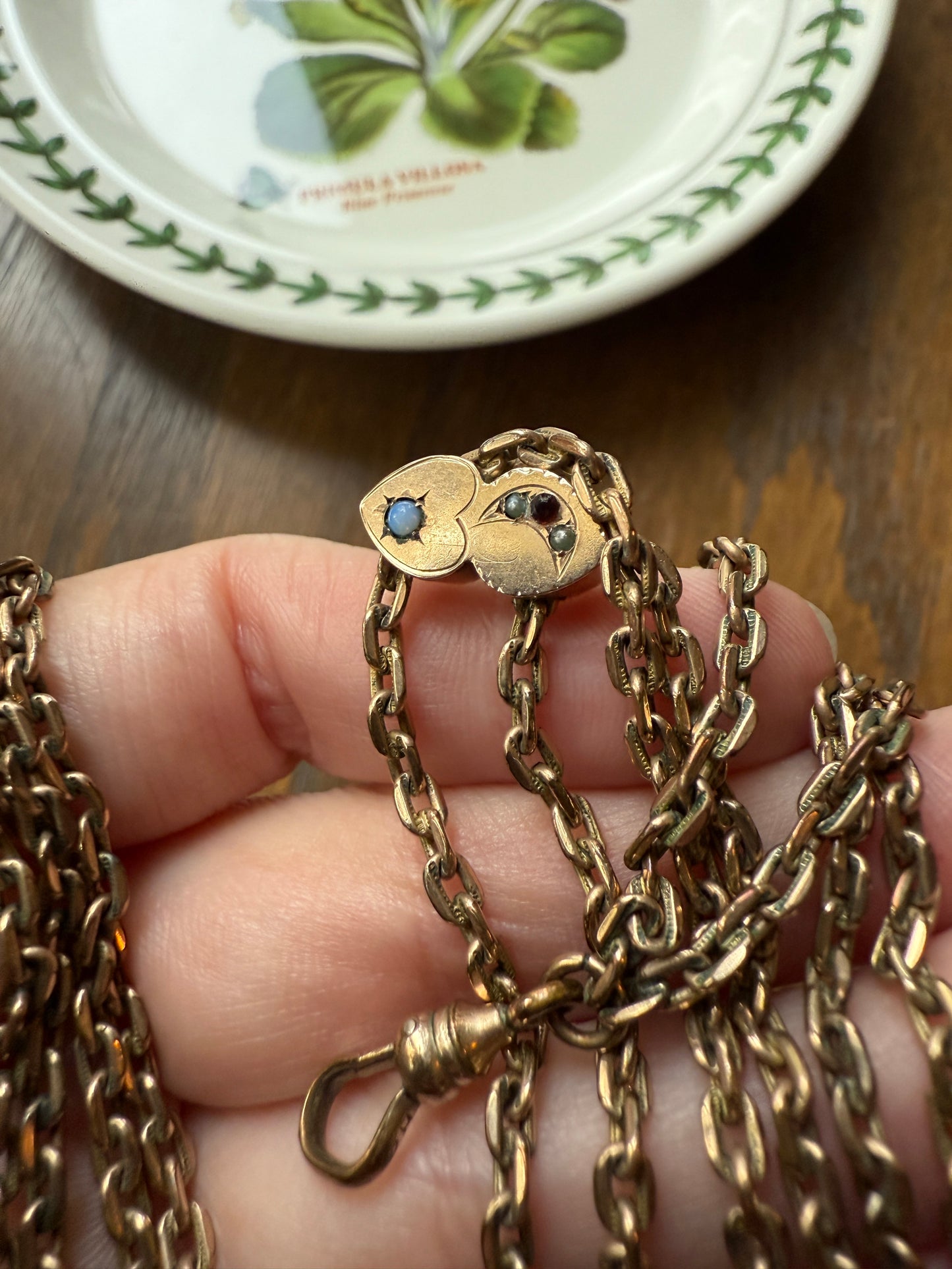 Two HEARTS Moon Star Slide Victorian Art Nouveau Warm Rosy Gold Fill Long Guard Muff Watch Chain Necklace Pearl & Opal