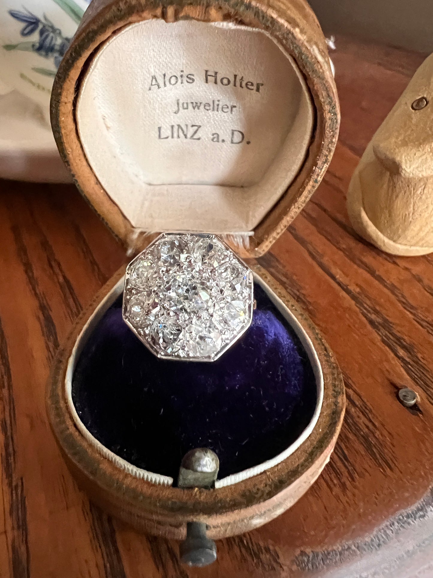 XL 2.7 Carat OCTAGON Shield French Antique PLATINUM Ring Old Mine Cut Diamonds Cluster