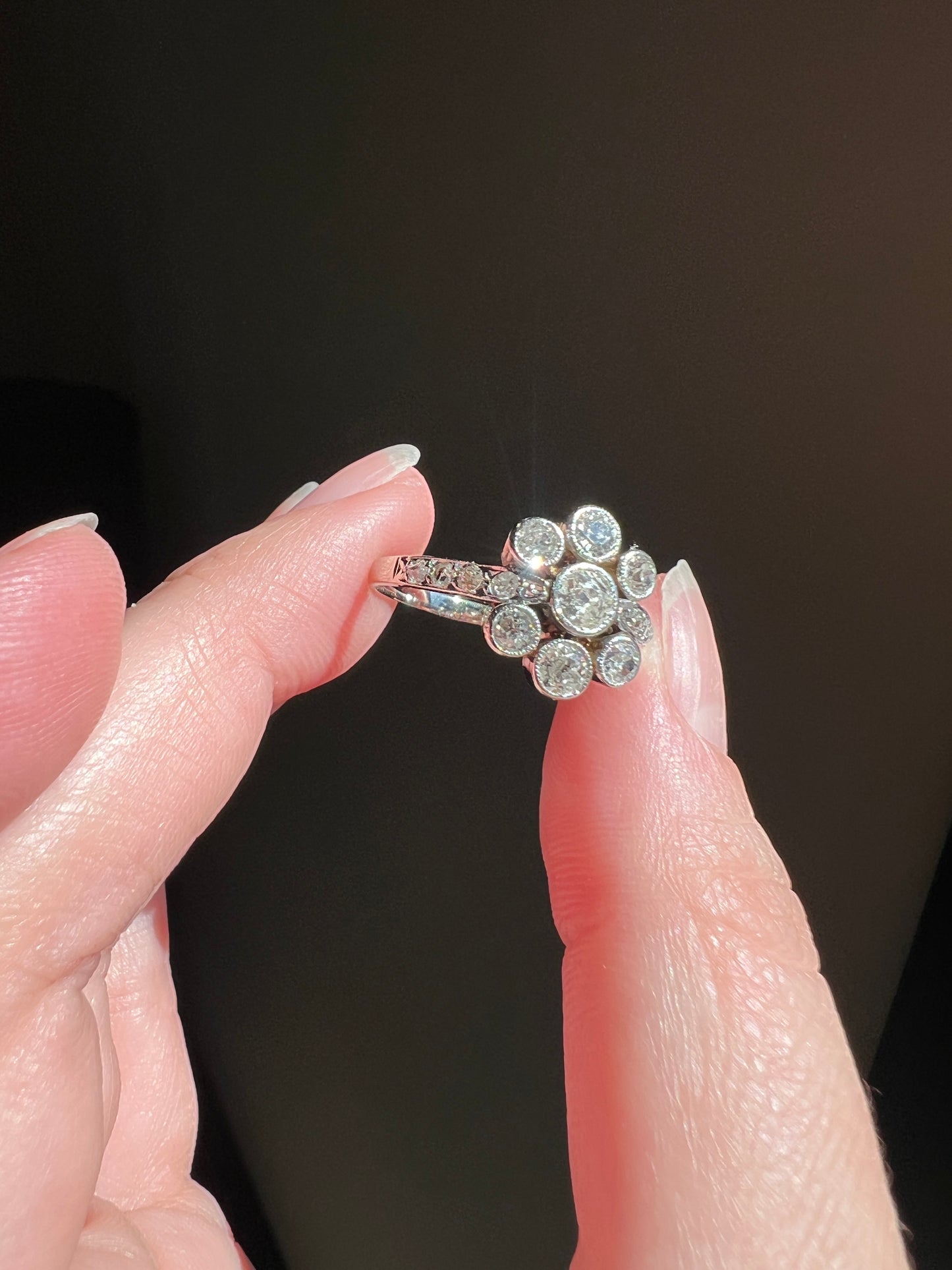 Unique 1 Carat Antique Rose & Old Mine Cut DIAMOND Seven Stone Cluster Ring 18k White Gold French Art Deco Bezel Set Halo