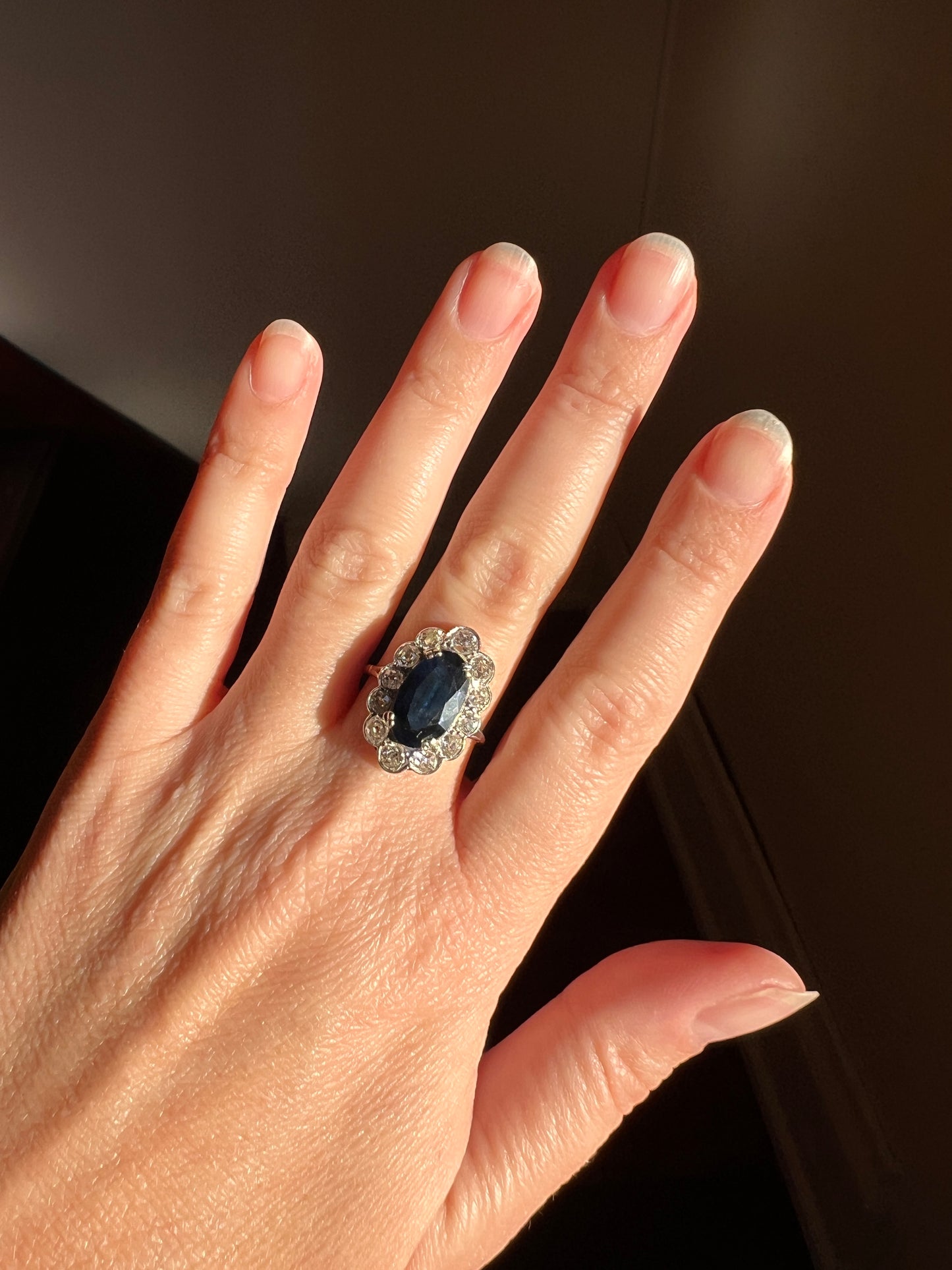 French Antique 18k White Gold PLATINUM 3Ct Natural SAPPHIRE 1.2Ctw Old Mine Cut DIAMOND Halo Ring Cluster
