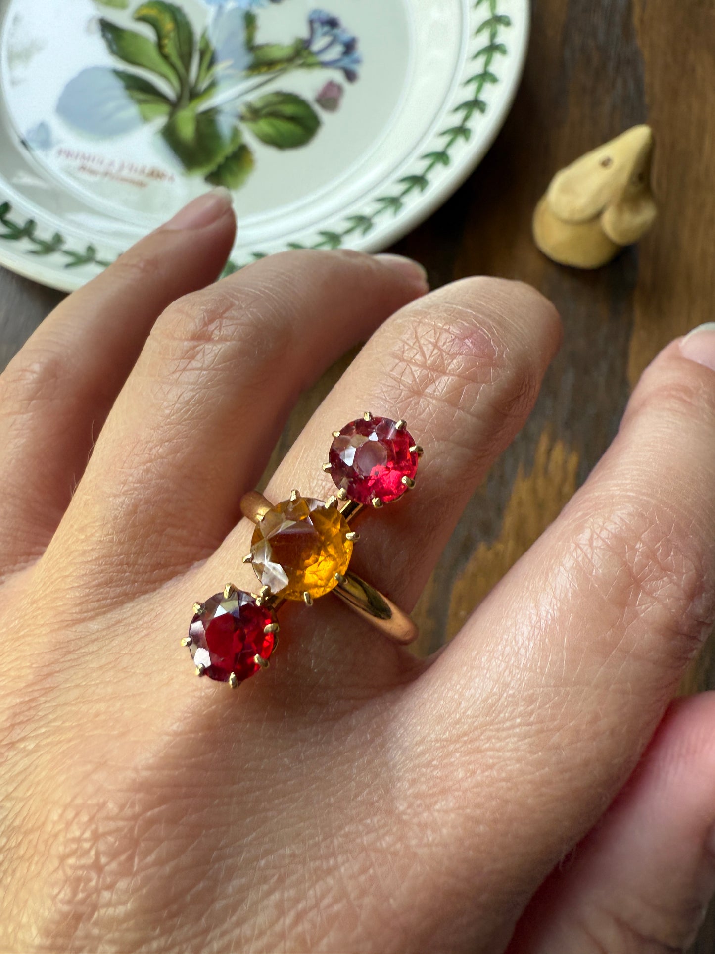 Dated 1924 Old Cut Antique Paste Three Stone Yellow & Red Crown Prong Setting 18k Gold Engraved Colorful Ringstack French Art Deco