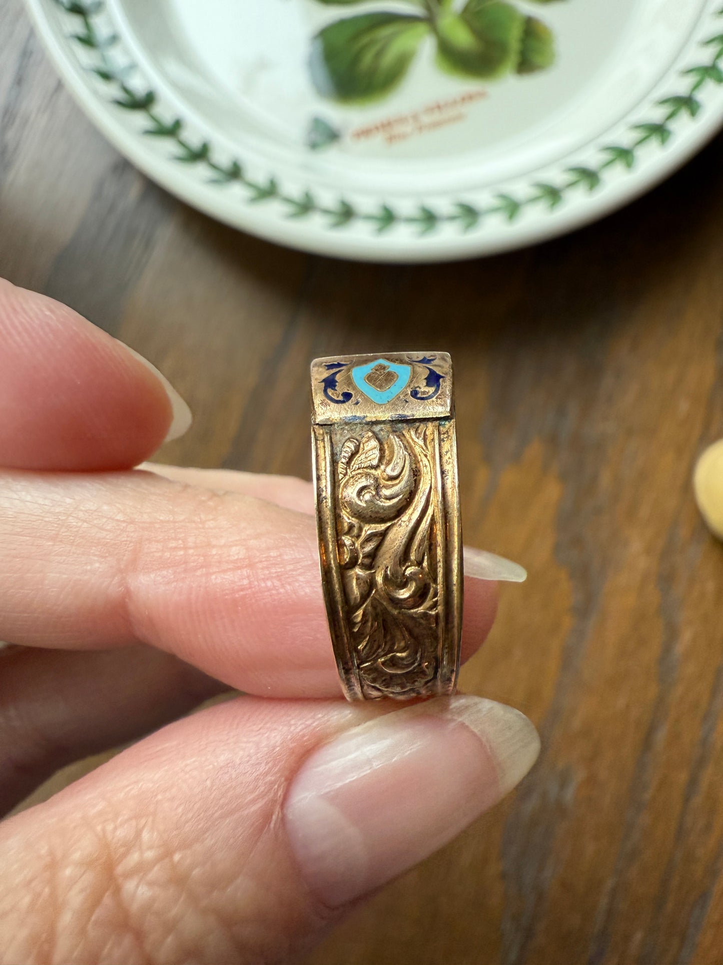 AMITIE French "Friendship" Gold Filled Wide Band Betrothal Ring Traditional Engagement Unique Stacker Enamel