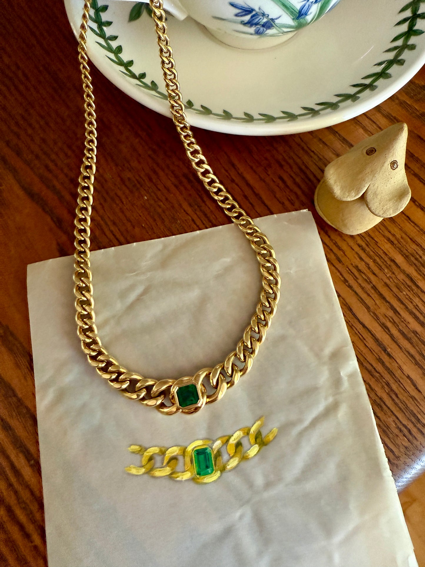 Vintage 26g 18k Gold Natural EMERALD French Curb Chain DATED Cert & ORIGINAL Gouache Drawing Design Heavy Unisex Chunky Green