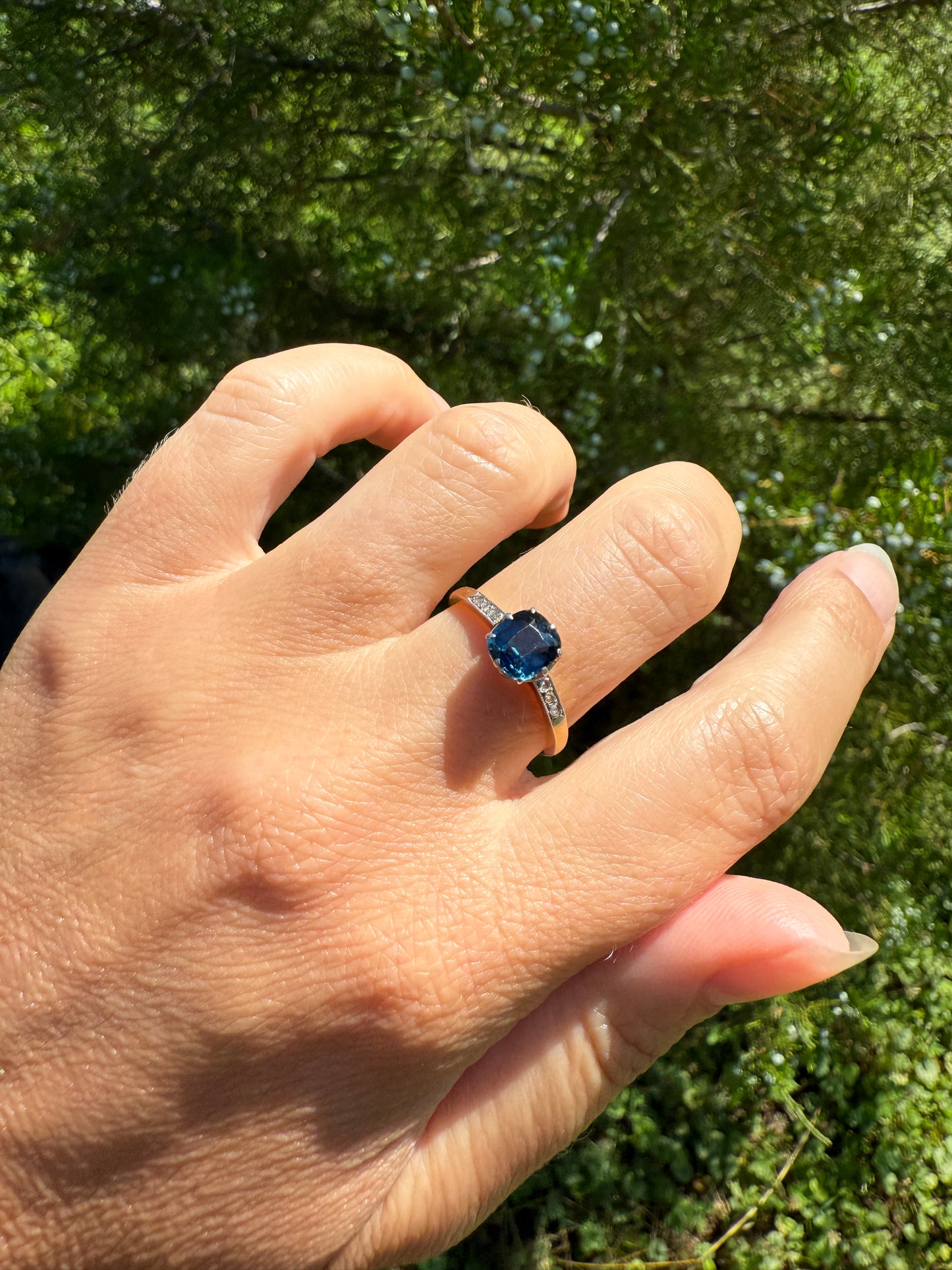 French Antique Old Cut Peacock Blue Green SAPPHIRE Rose Cut DIAMOND Natural Antique Solitaire w/ Accents Alt Engagement Ring