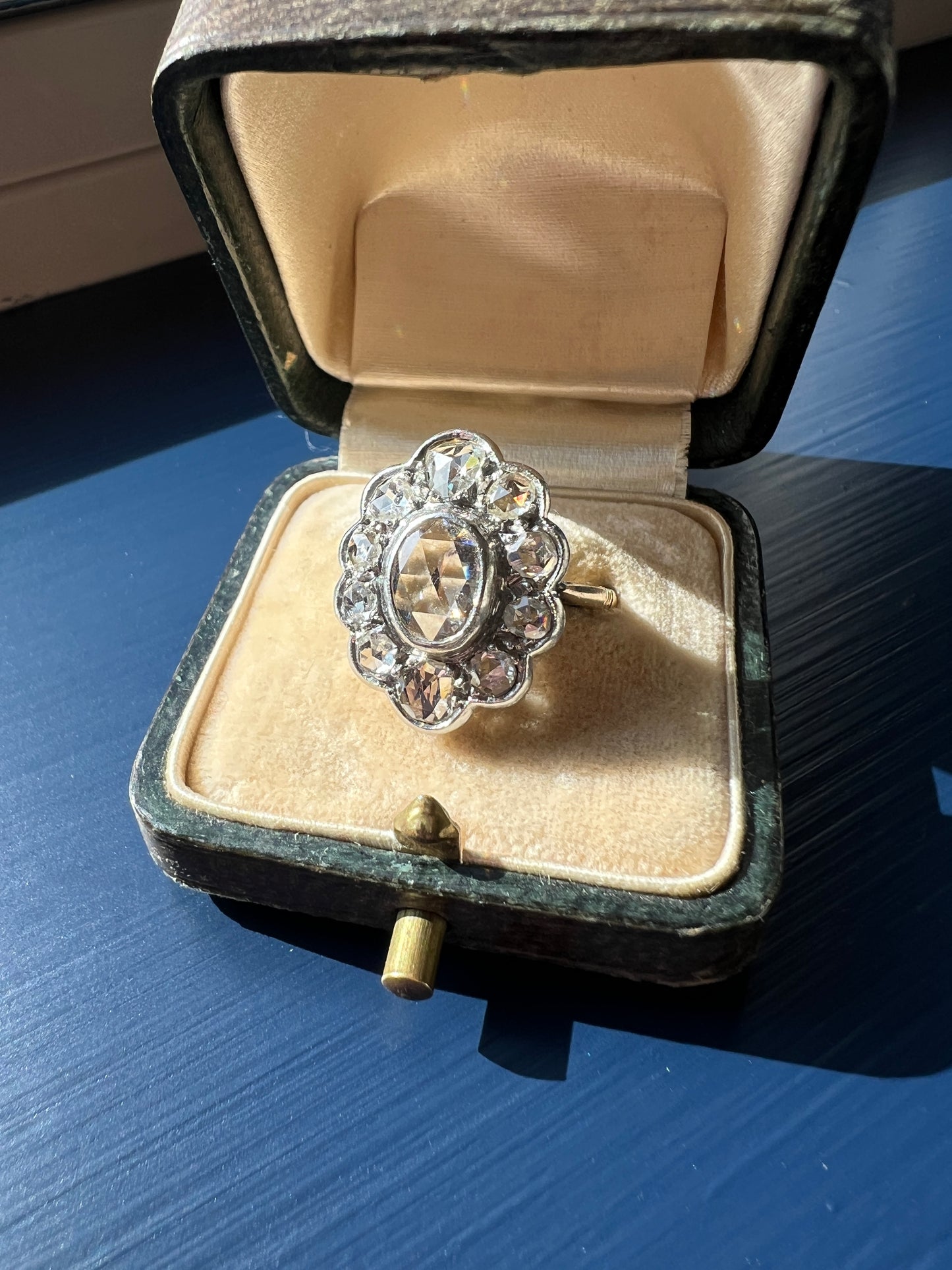 XL French Antique Open Back Oval Rose Cut DIAMOND Clear Disco Daisy Cluster Ring Victorian 18k Gold Platinum