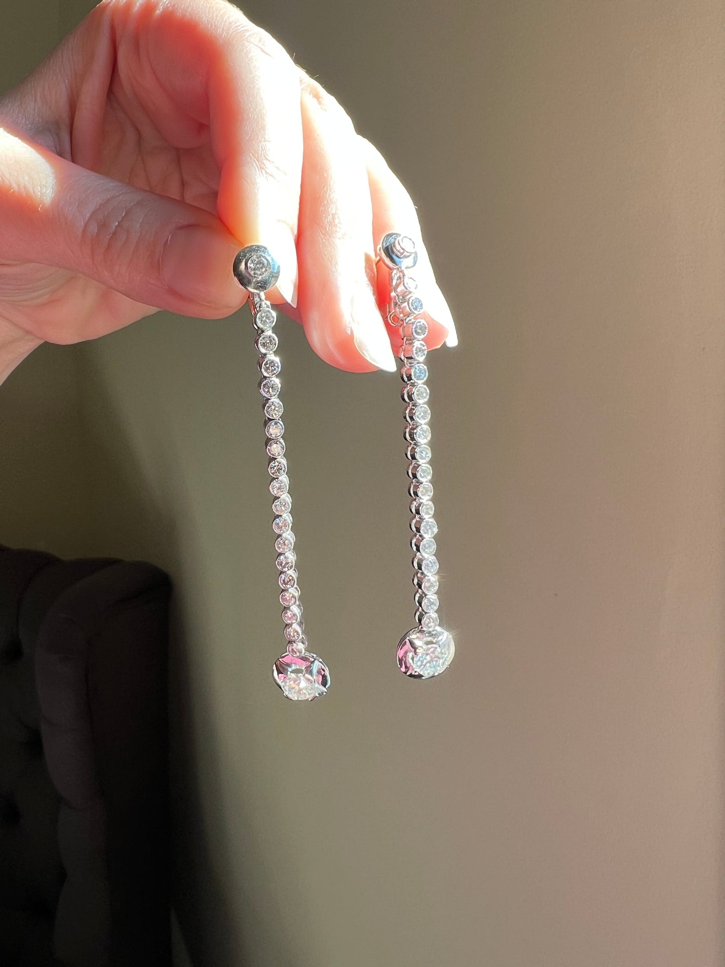 Extra LONG 2.8" Transitional Single Cut DIAMOND 3.6 Carats Tdw Dangle Earrings French Vintage 18k White Gold Platinum